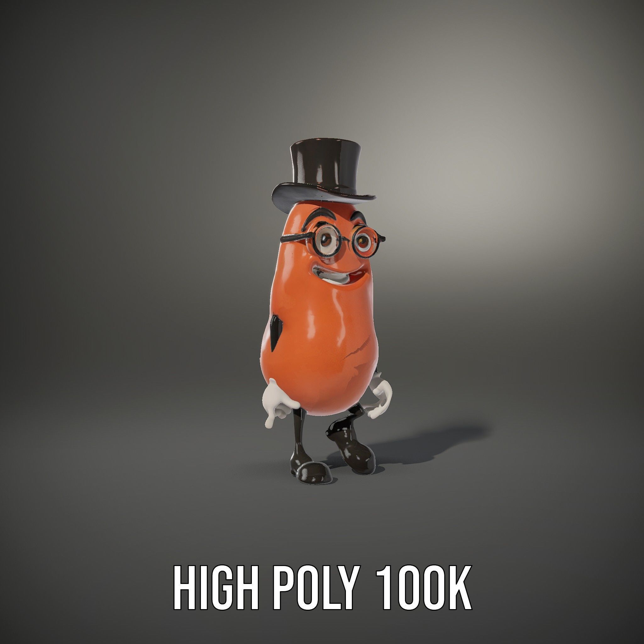 Cheerful Bean Character with Top Hat and Glasses  Rigged and ... Low-poly 3D model_8