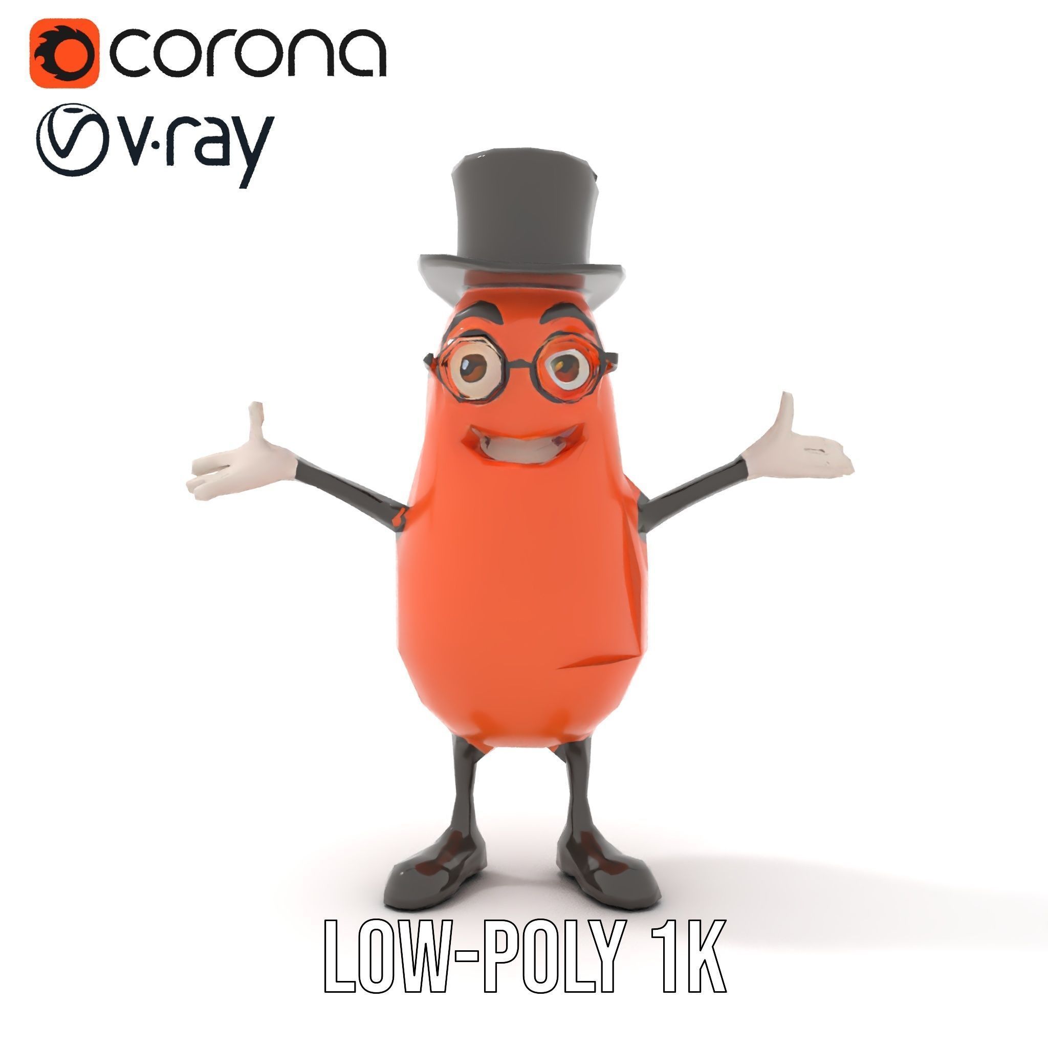 Cheerful Bean Character with Top Hat and Glasses  Rigged and ... Low-poly 3D model_28