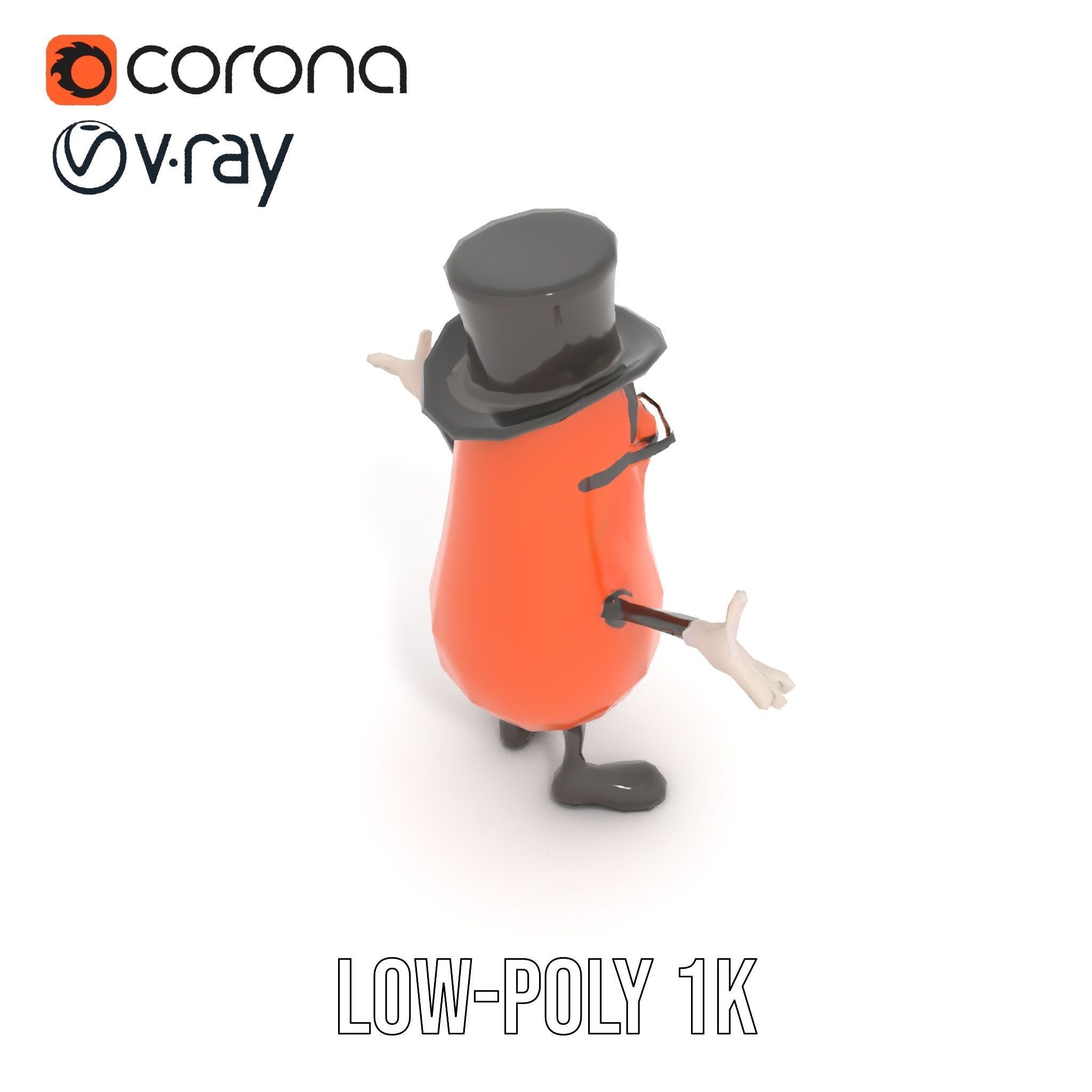 Cheerful Bean Character with Top Hat and Glasses  Rigged and ... Low-poly 3D model_22