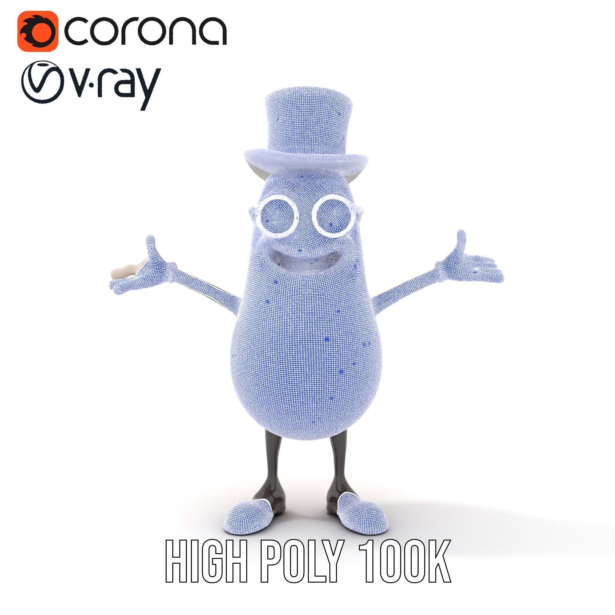 Cheerful Bean Character with Top Hat and Glasses  Rigged and ... Low-poly 3D model_35