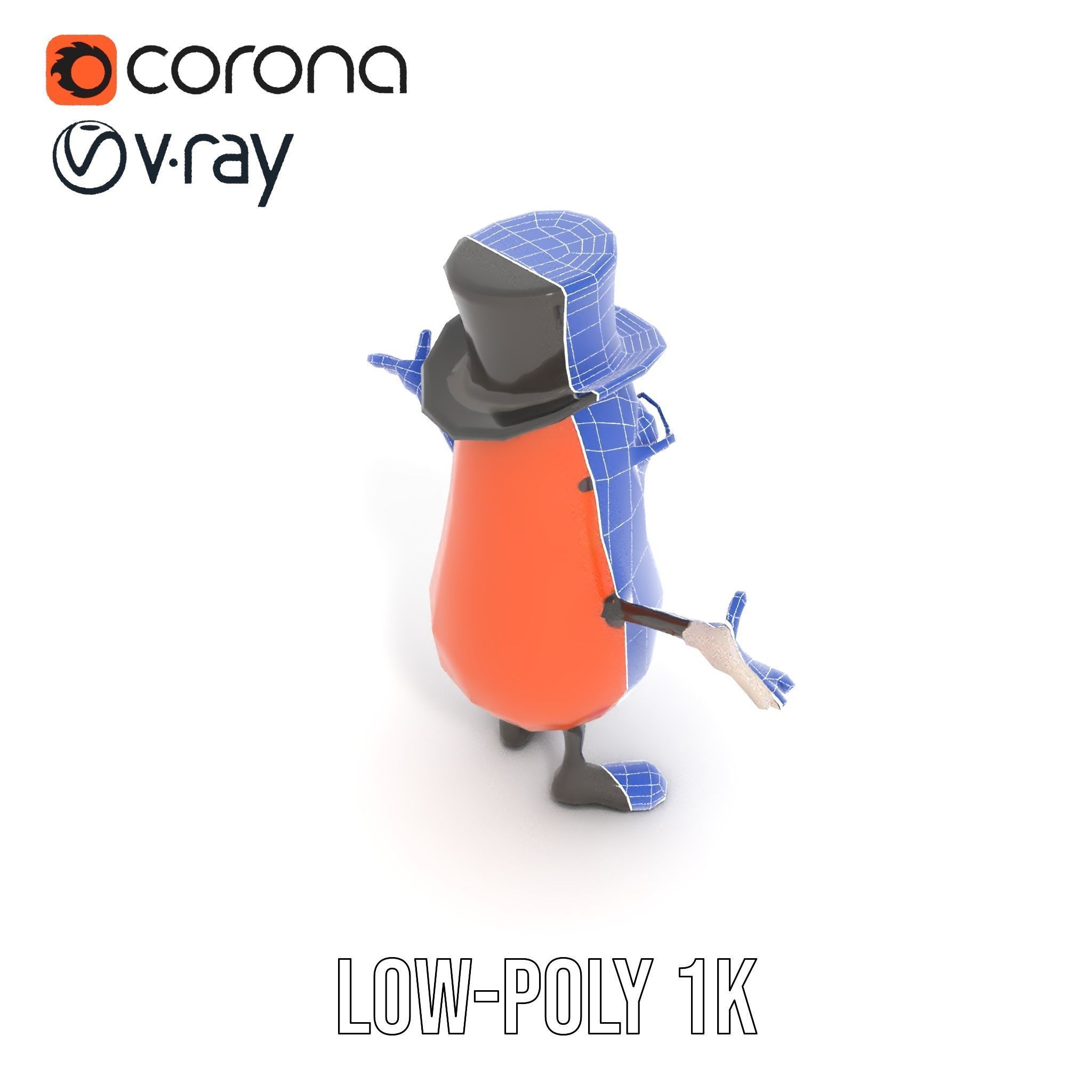 Cheerful Bean Character with Top Hat and Glasses  Rigged and ... Low-poly 3D model_25