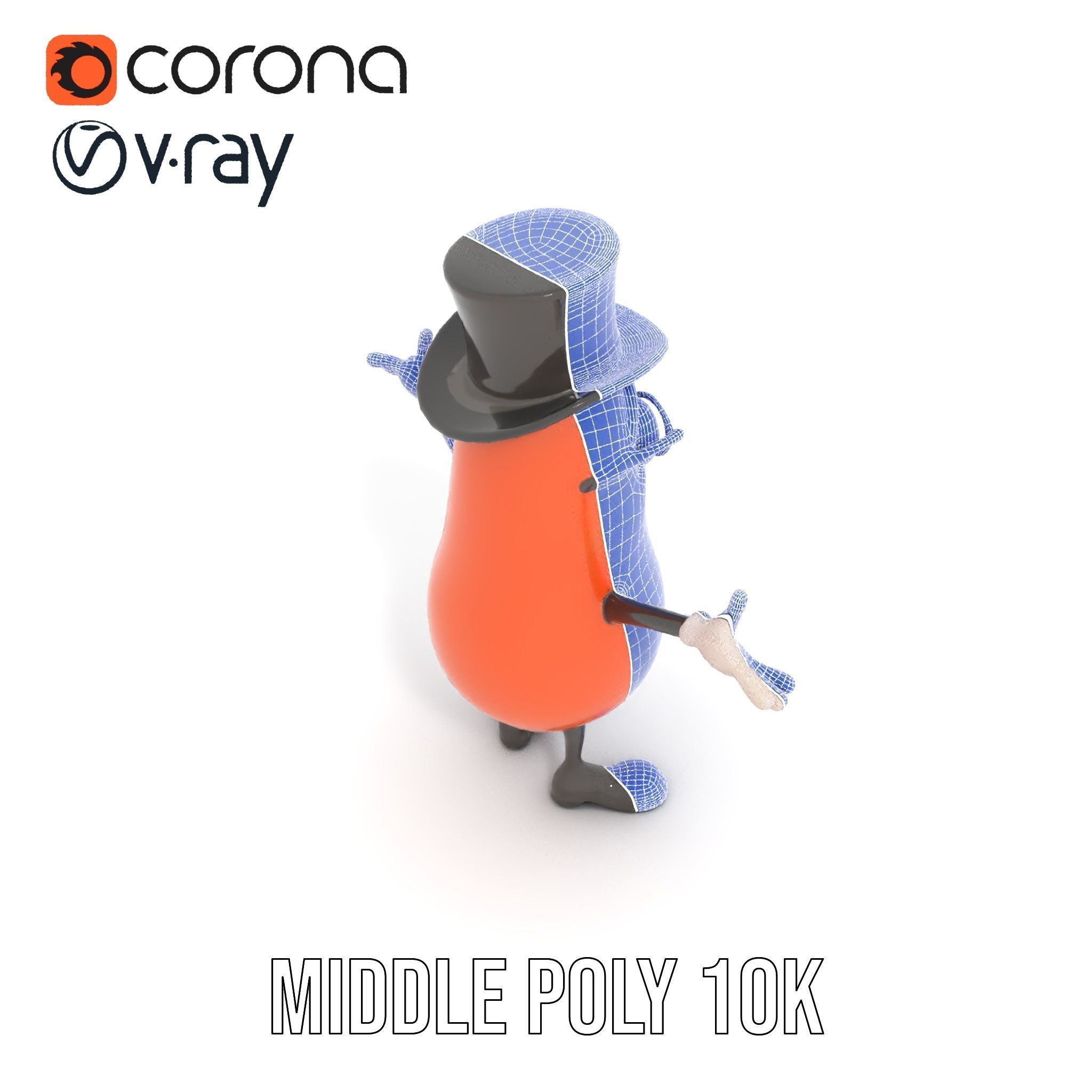 Cheerful Bean Character with Top Hat and Glasses  Rigged and ... Low-poly 3D model_18