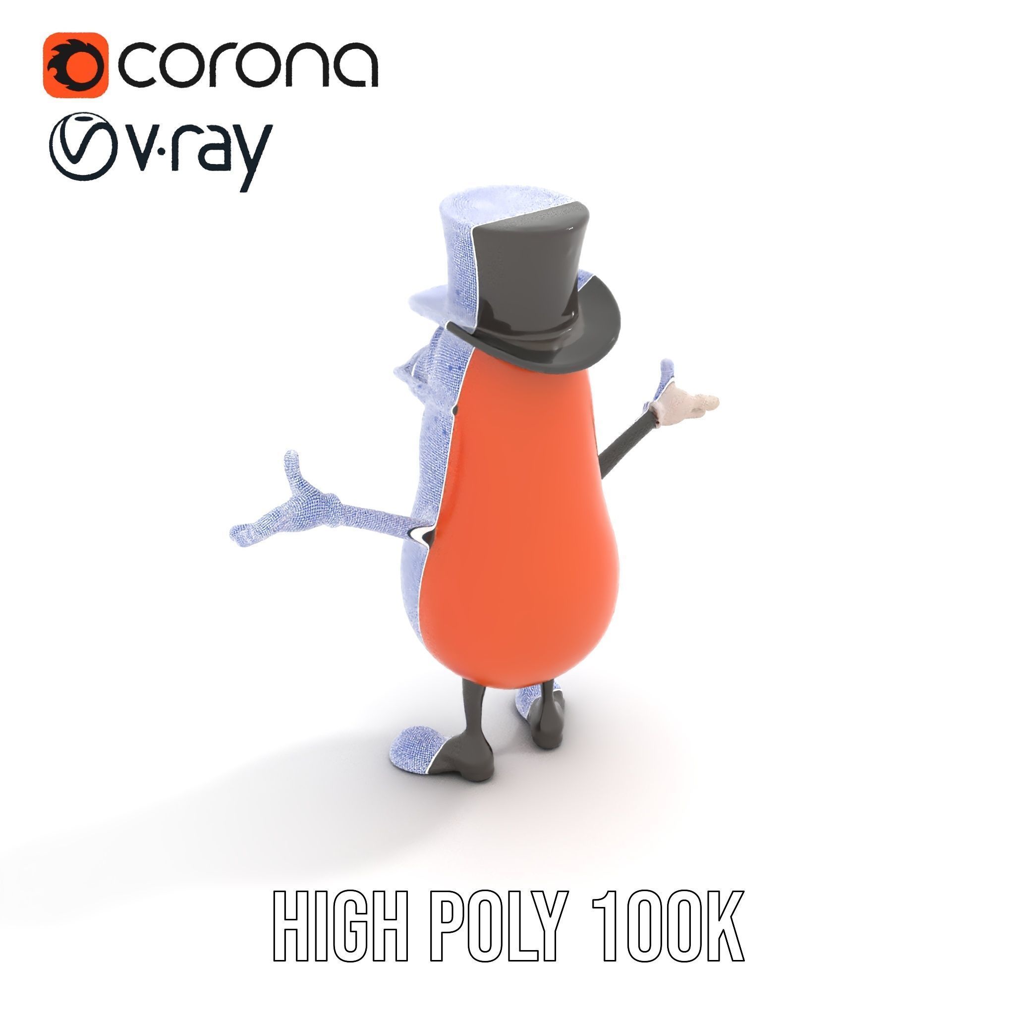 Cheerful Bean Character with Top Hat and Glasses  Rigged and ... Low-poly 3D model_26