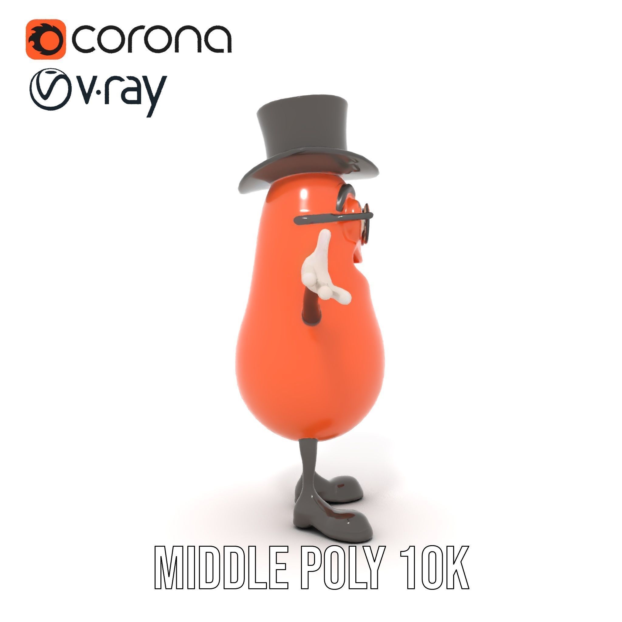 Cheerful Bean Character with Top Hat and Glasses  Rigged and ... Low-poly 3D model_16