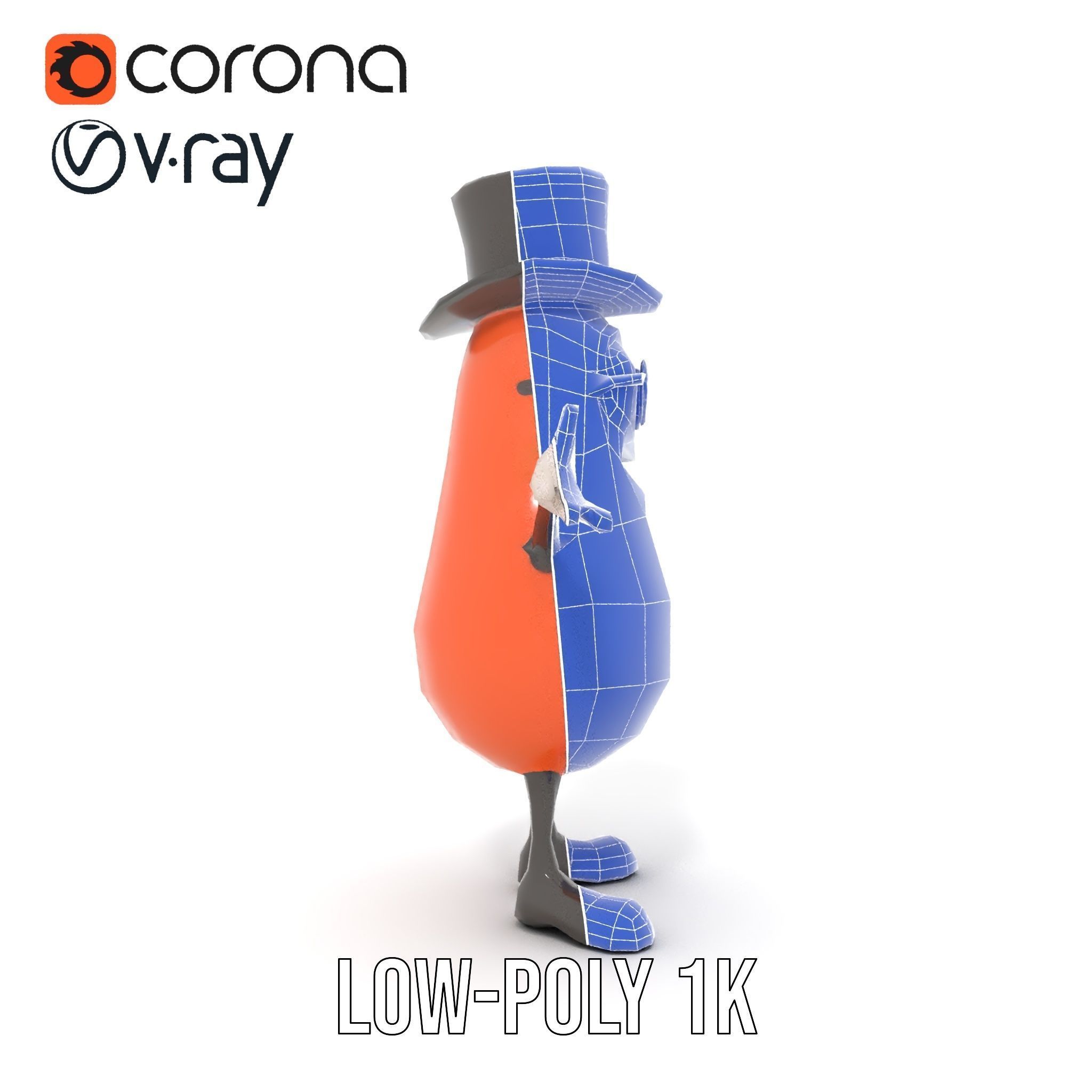 Cheerful Bean Character with Top Hat and Glasses  Rigged and ... Low-poly 3D model_31