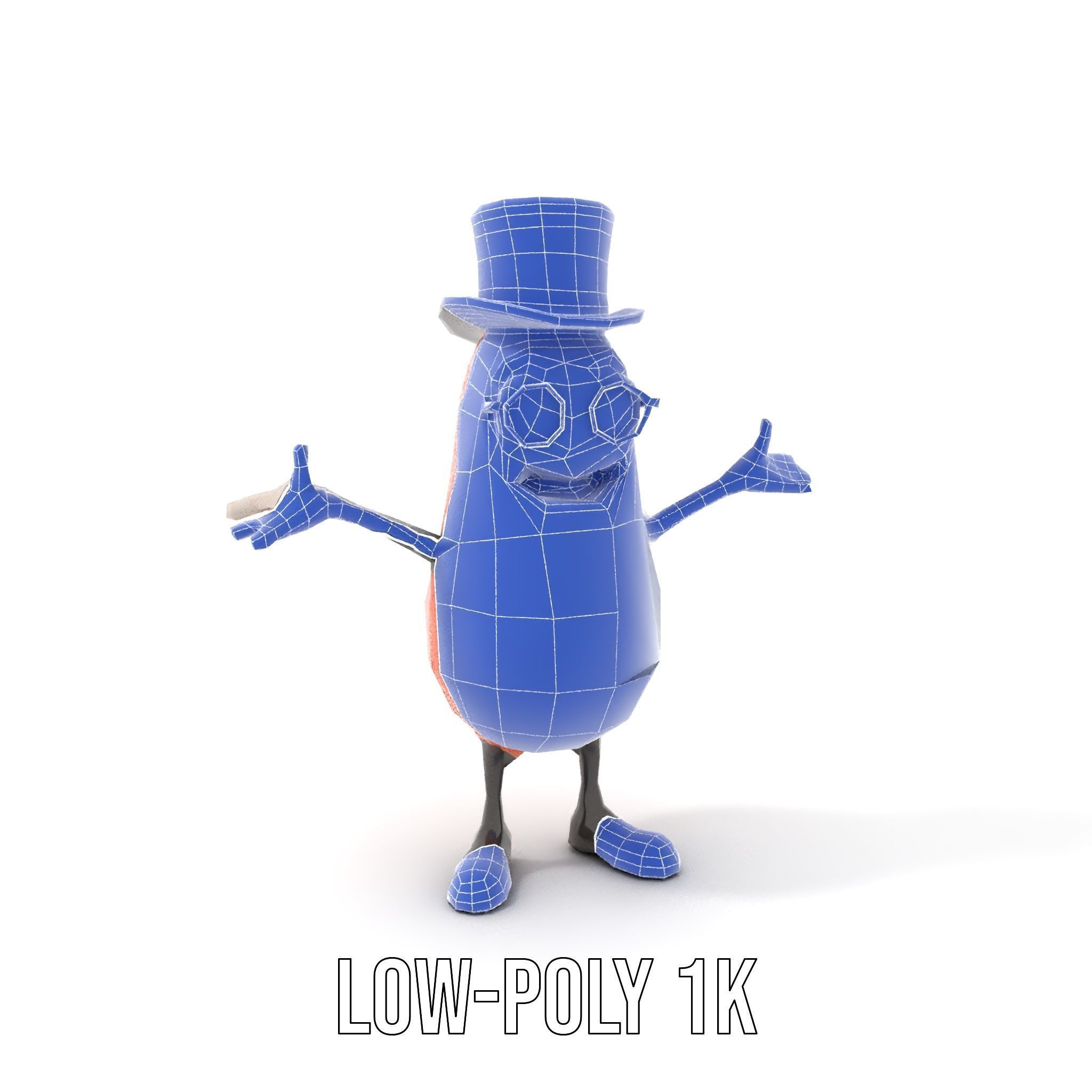 Cheerful Bean Character with Top Hat and Glasses  Rigged and ... Low-poly 3D model_9