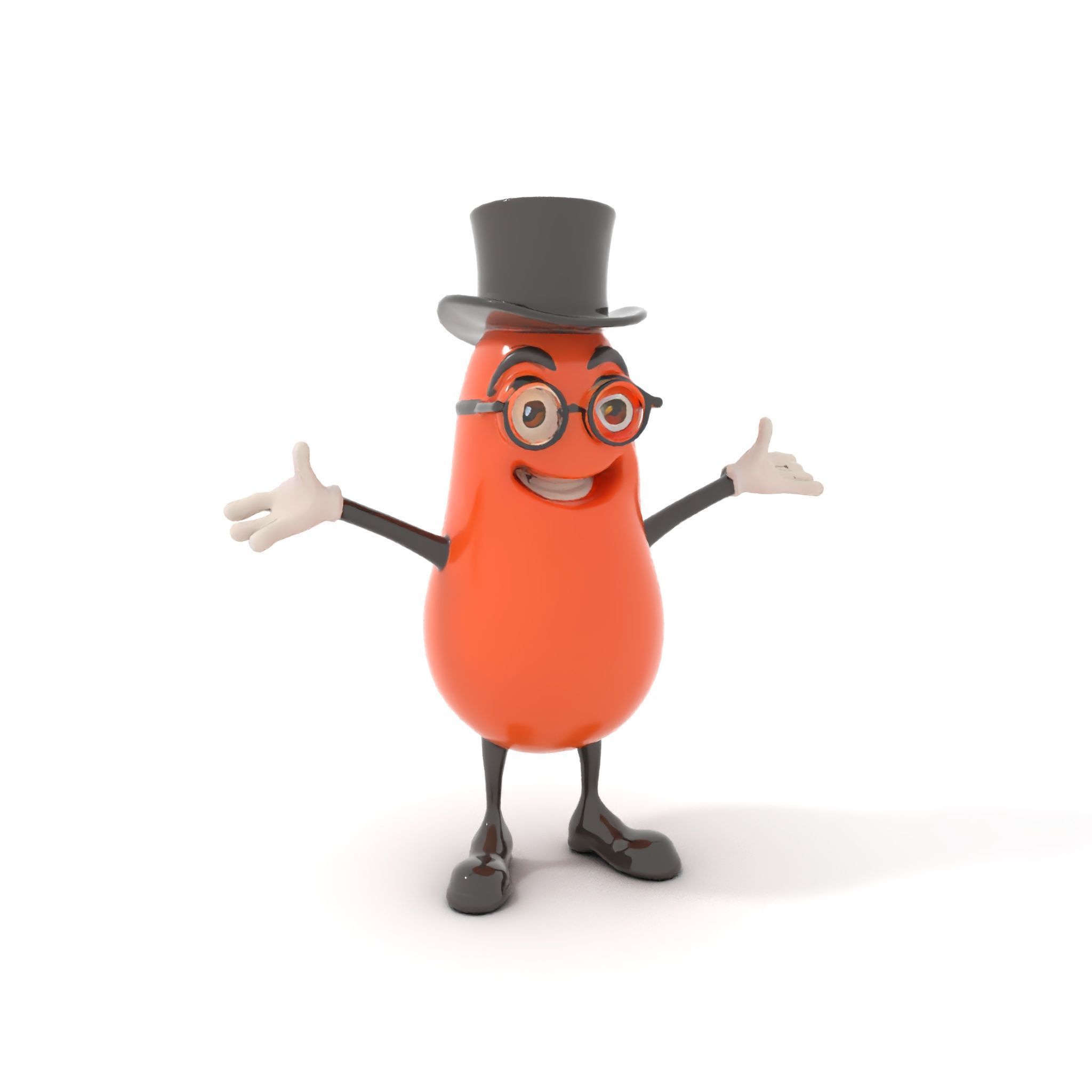 Cheerful Bean Character with Top Hat and Glasses  Rigged and ... Low-poly 3D model_13
