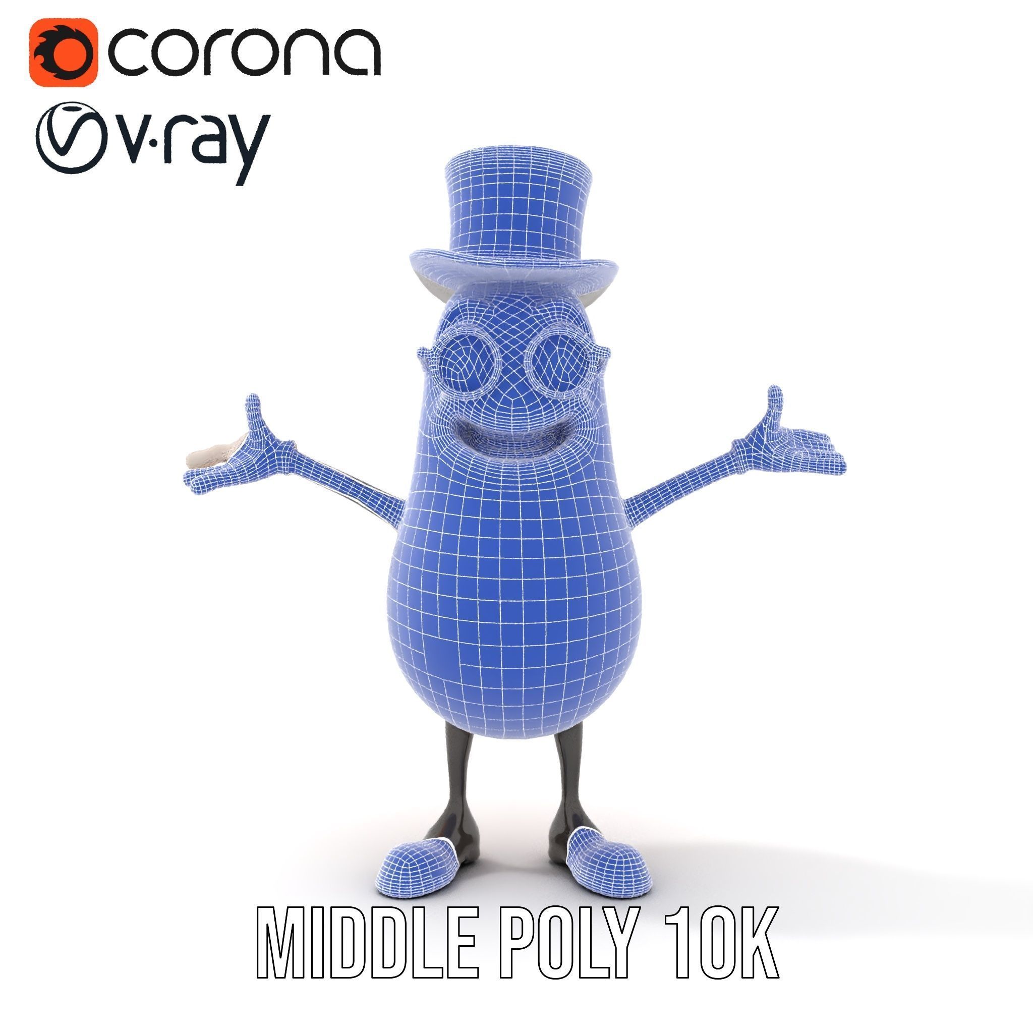Cheerful Bean Character with Top Hat and Glasses  Rigged and ... Low-poly 3D model_34