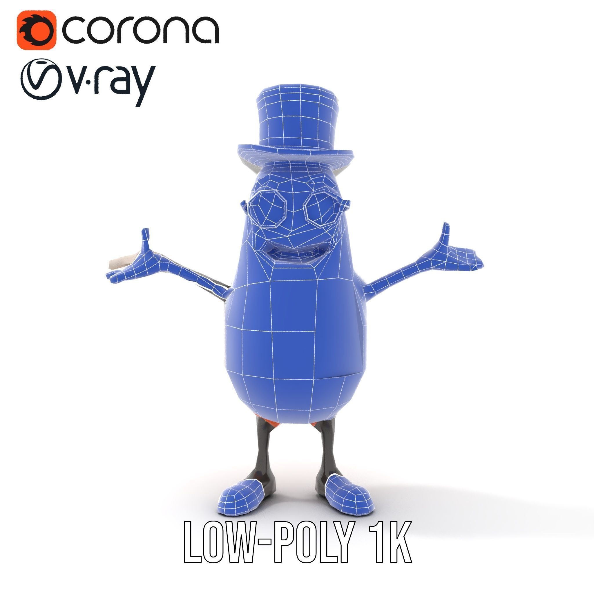 Cheerful Bean Character with Top Hat and Glasses  Rigged and ... Low-poly 3D model_14