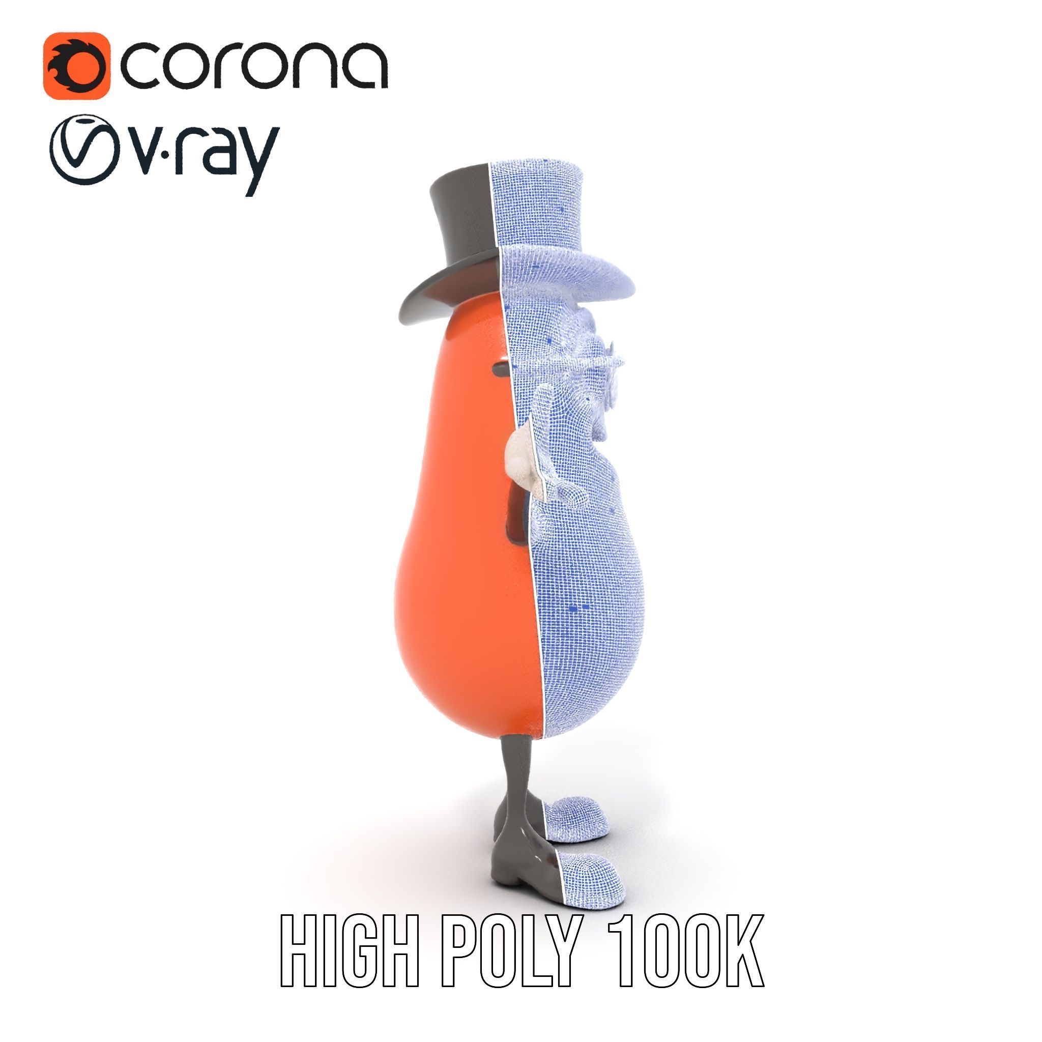 Cheerful Bean Character with Top Hat and Glasses  Rigged and ... Low-poly 3D model_36