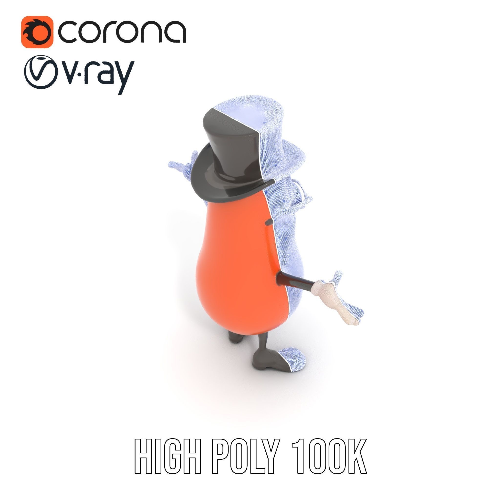 Cheerful Bean Character with Top Hat and Glasses  Rigged and ... Low-poly 3D model_23