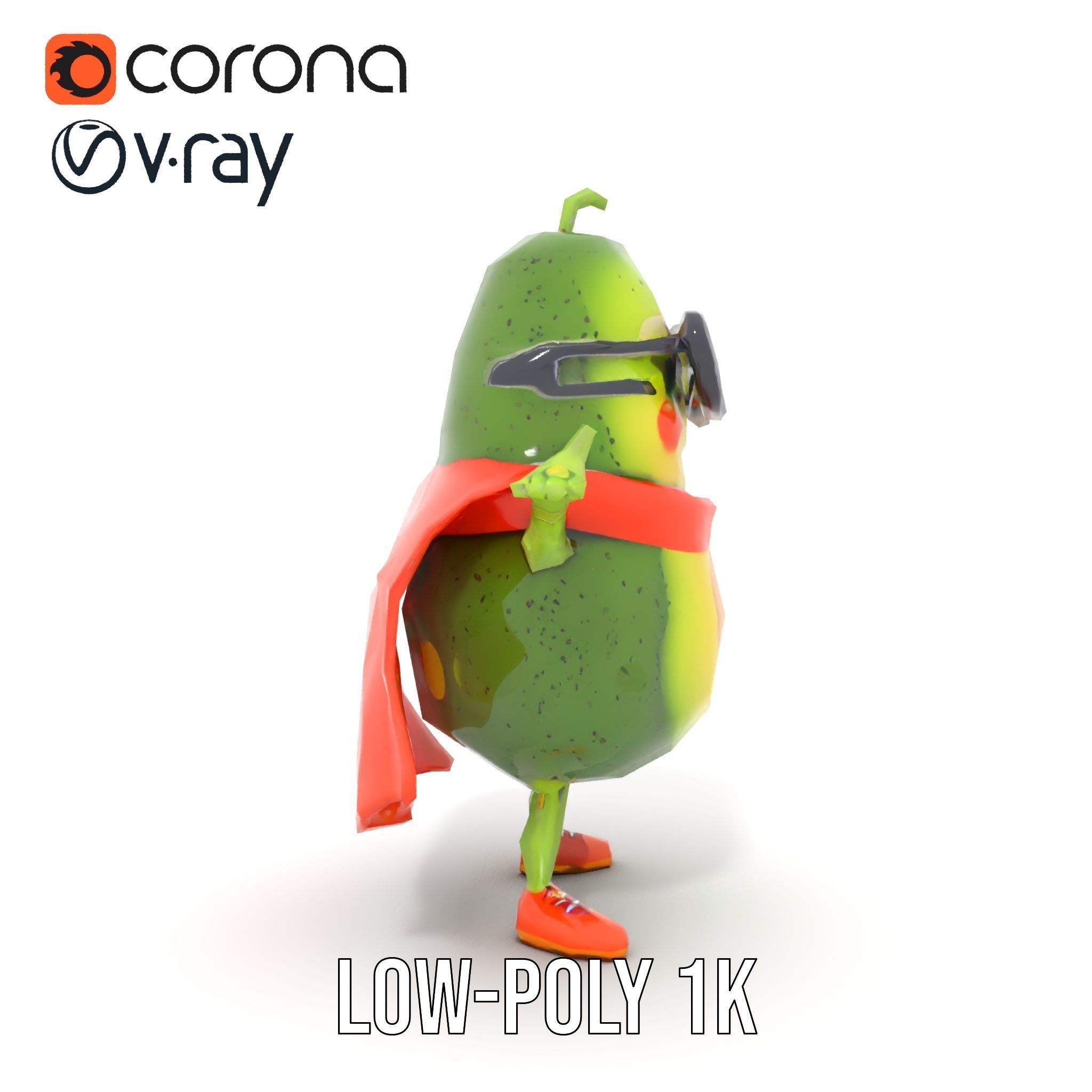 Super Avocado Hero Character Rigged and Animated Low-poly 3D model_19