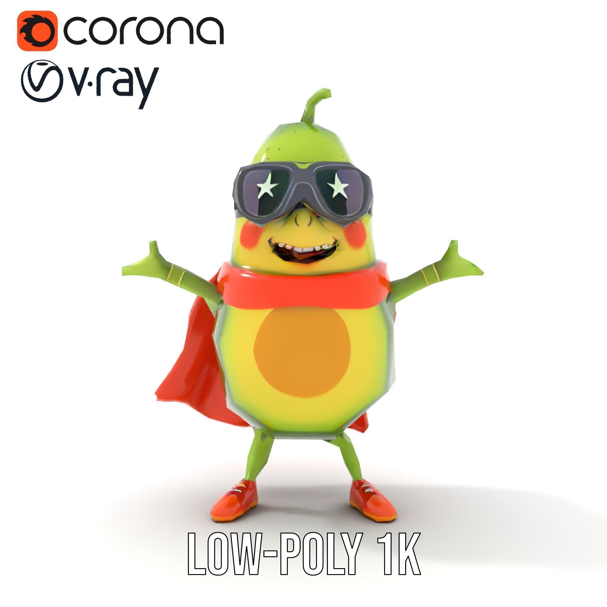 Super Avocado Hero Character Rigged and Animated Low-poly 3D model_8