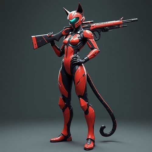 Futuristic Cat Warrior Girl in Red Cyber Armor  Low-poly 3D model
