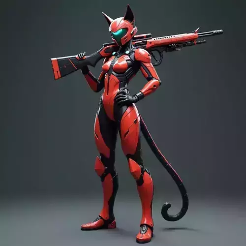 Futuristic Cat Warrior Girl in Red Cyber Armor  Free low-poly 3D model