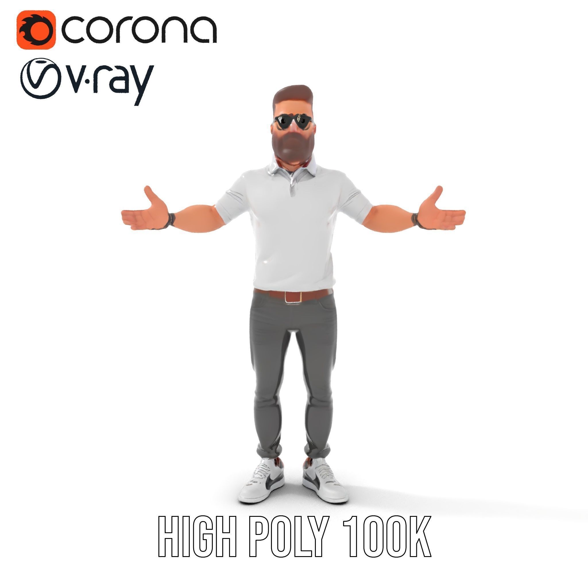 Bearded Modern Casual Male Character  Rigged and Animated Low-poly 3D model_12