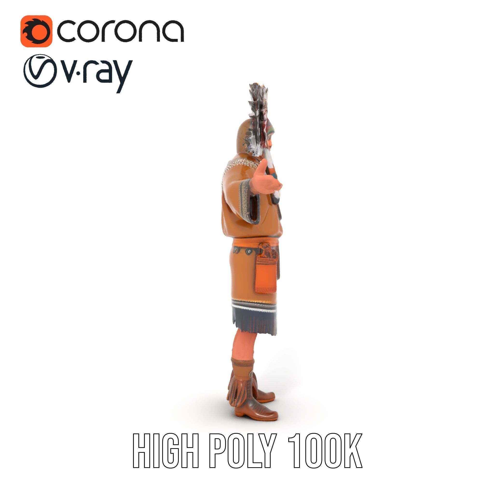 Native Warrior Character Rigged and Animated with Headdress Low-poly 3D model_19