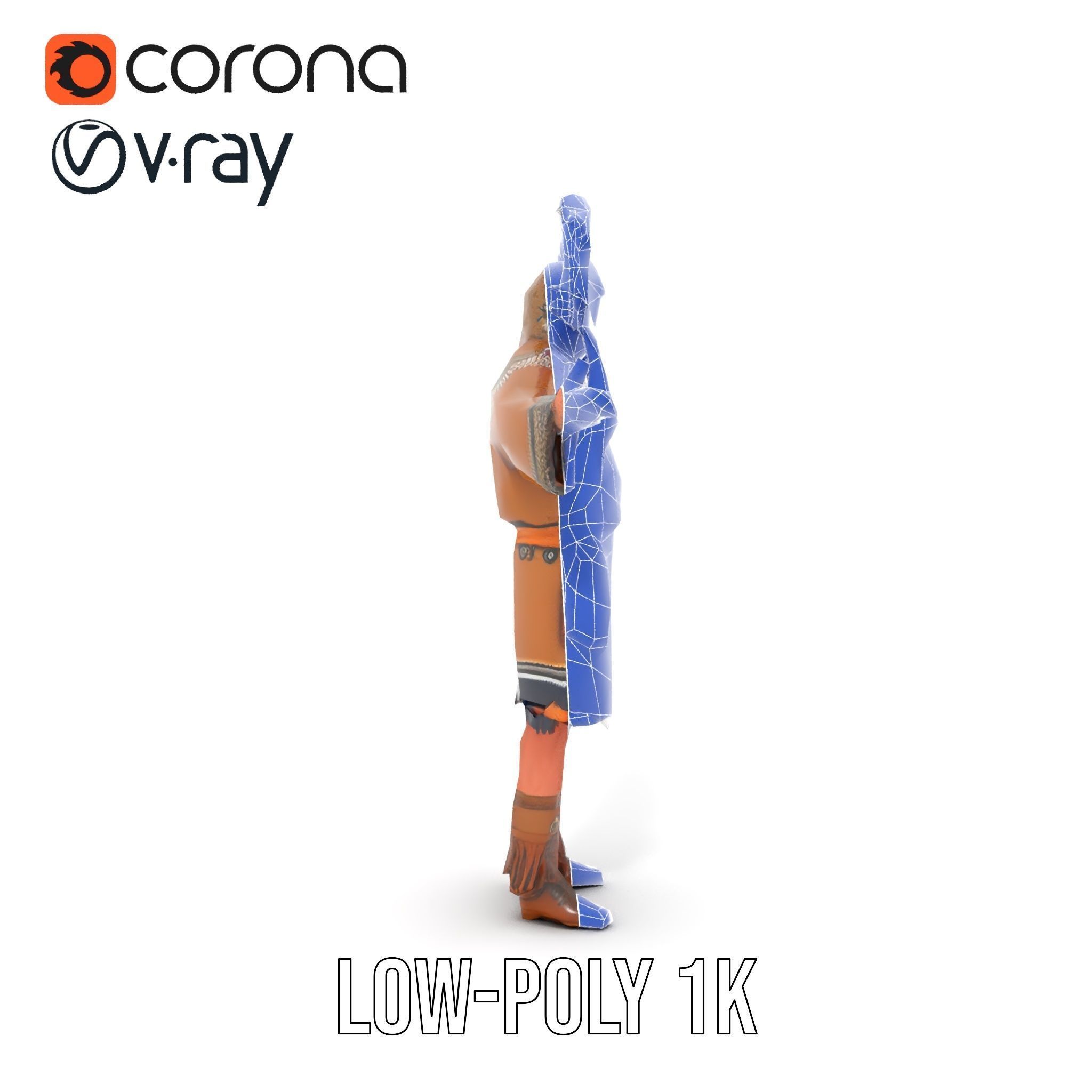 Native Warrior Character Rigged and Animated with Headdress Low-poly 3D model_30