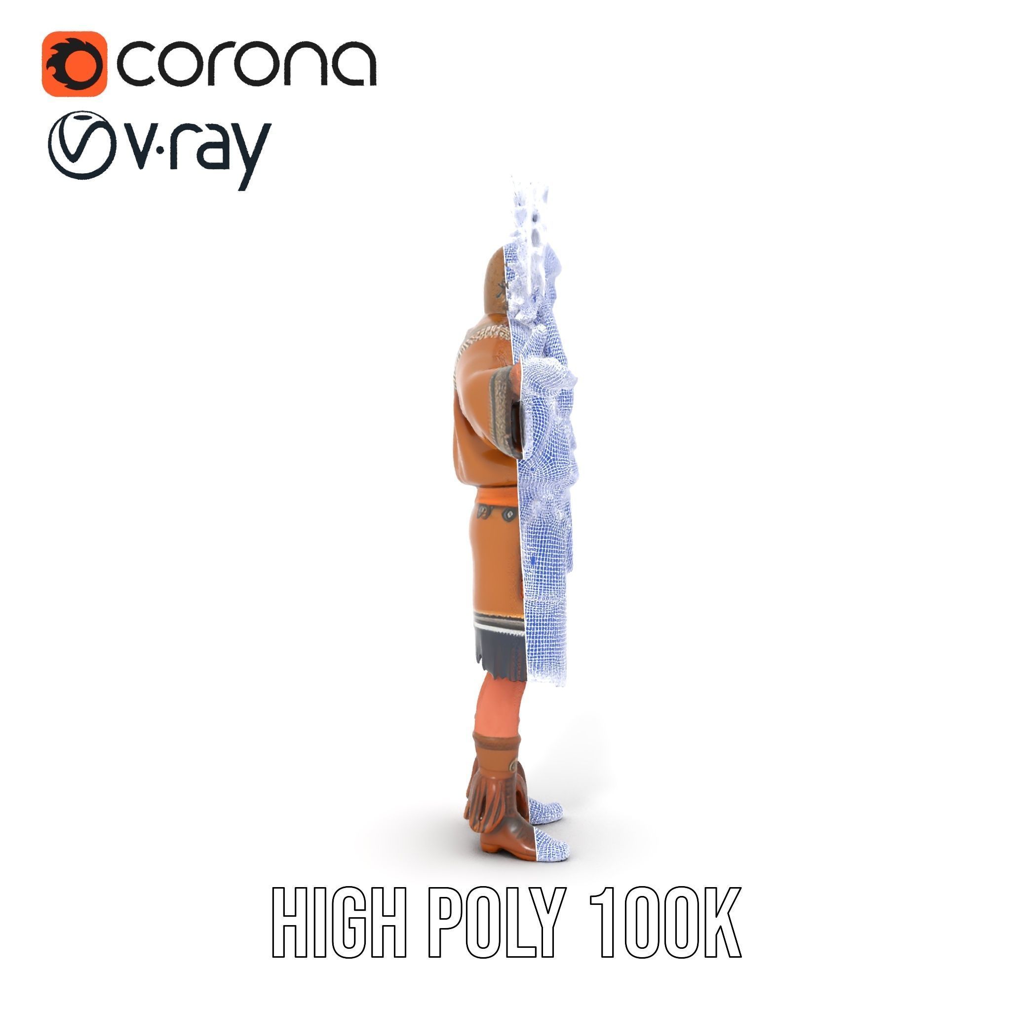 Native Warrior Character Rigged and Animated with Headdress Low-poly 3D model_28