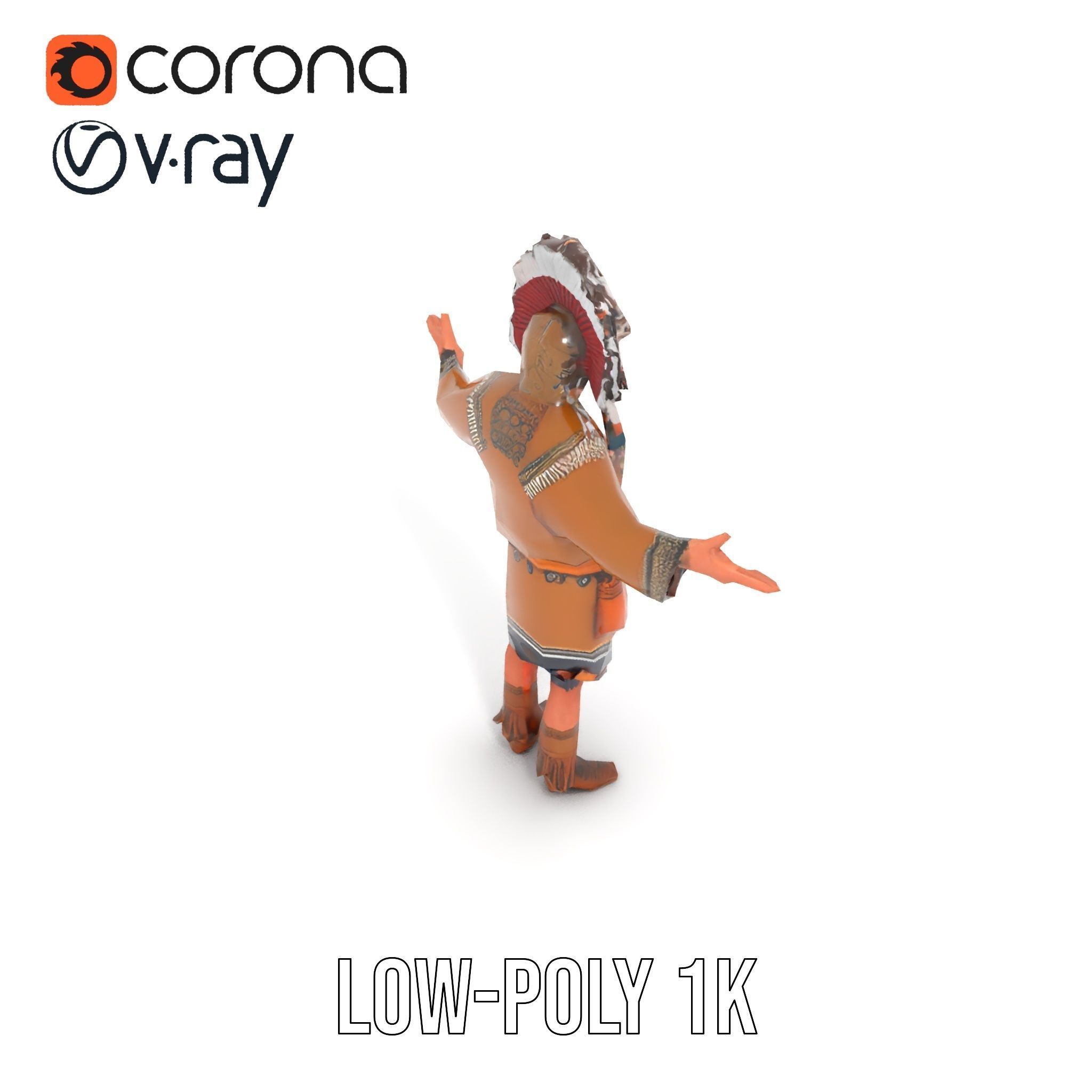 Native Warrior Character Rigged and Animated with Headdress Low-poly 3D model_13