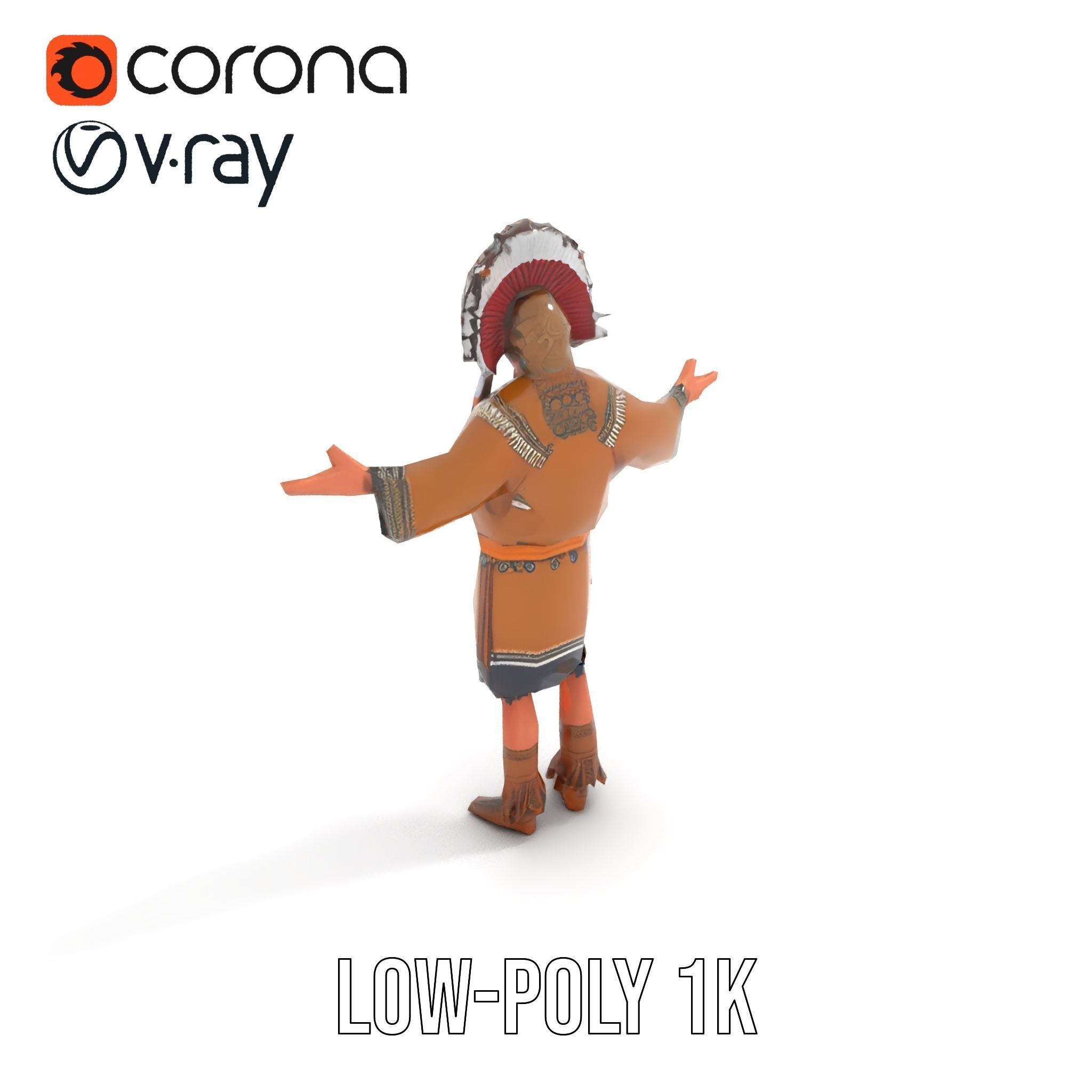Native Warrior Character Rigged and Animated with Headdress Low-poly 3D model_8