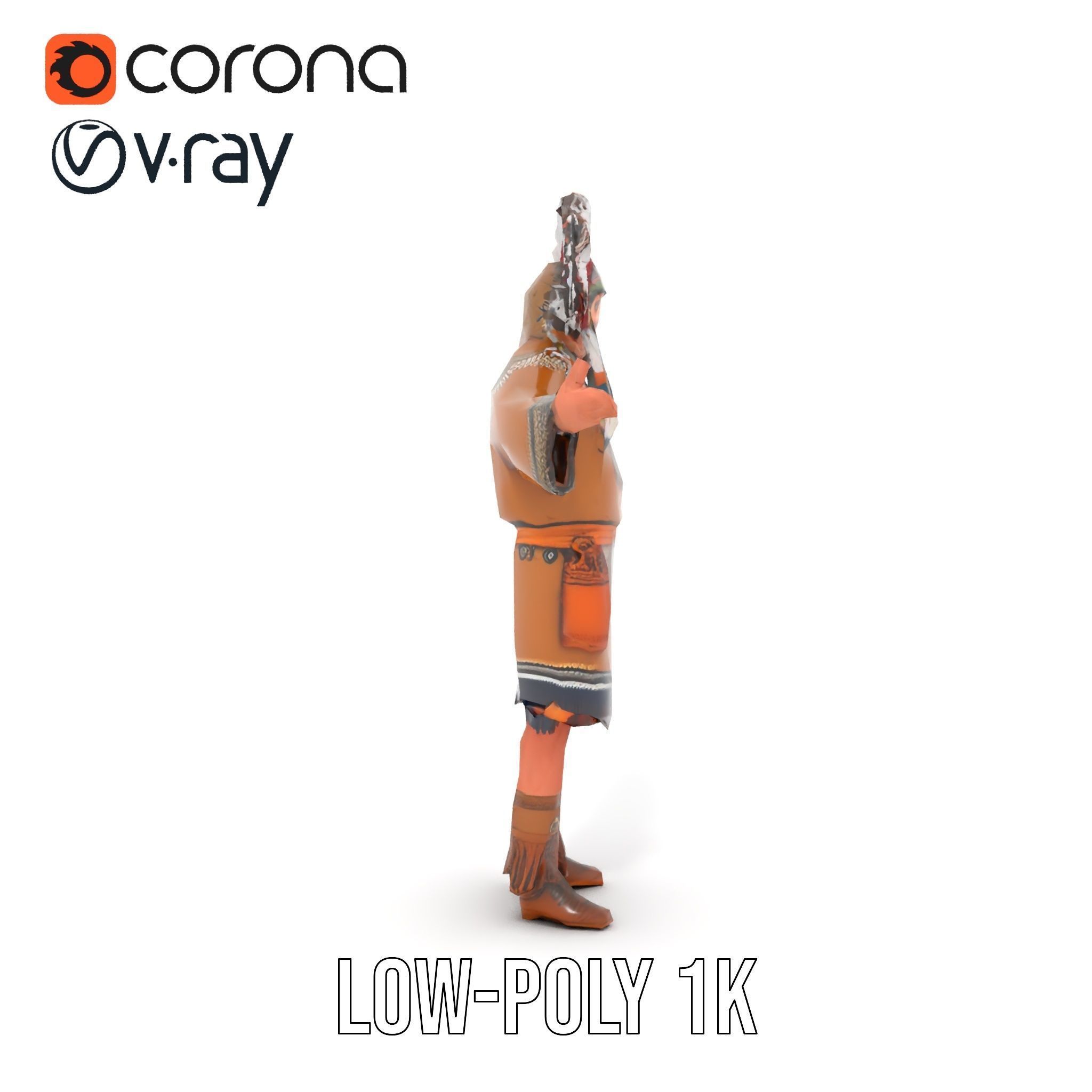 Native Warrior Character Rigged and Animated with Headdress Low-poly 3D model_24