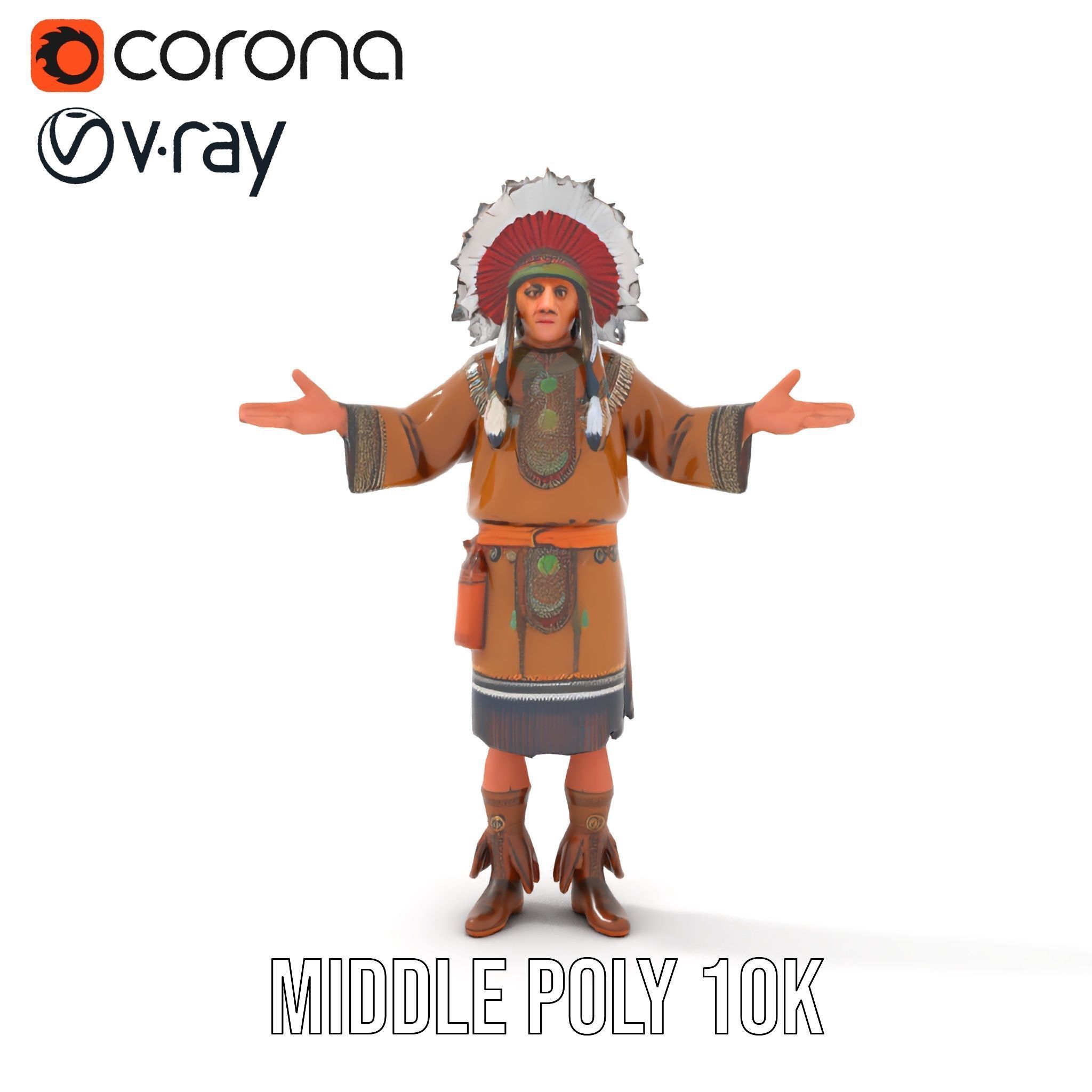 Native Warrior Character Rigged and Animated with Headdress Low-poly 3D model_32