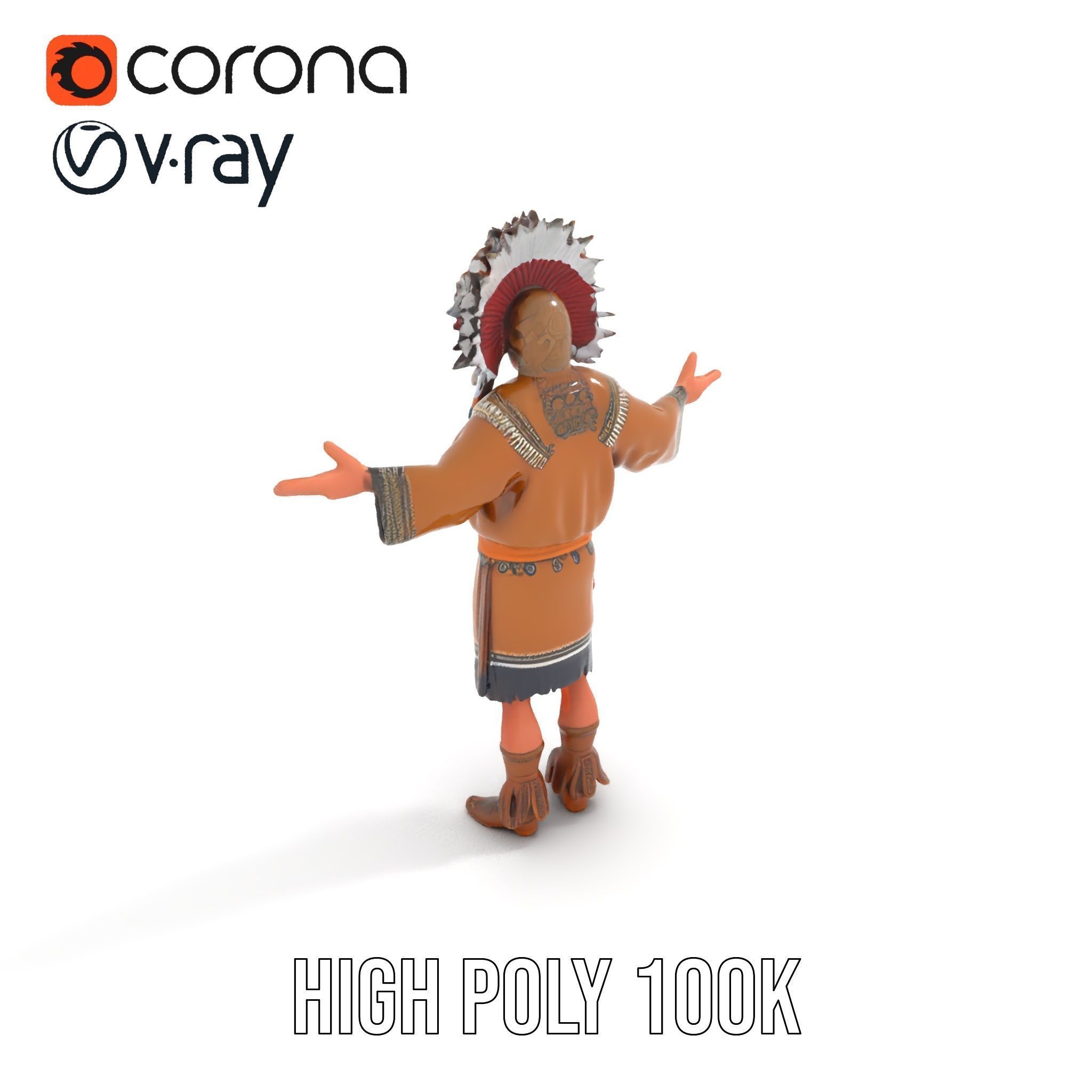 Native Warrior Character Rigged and Animated with Headdress Low-poly 3D model_22