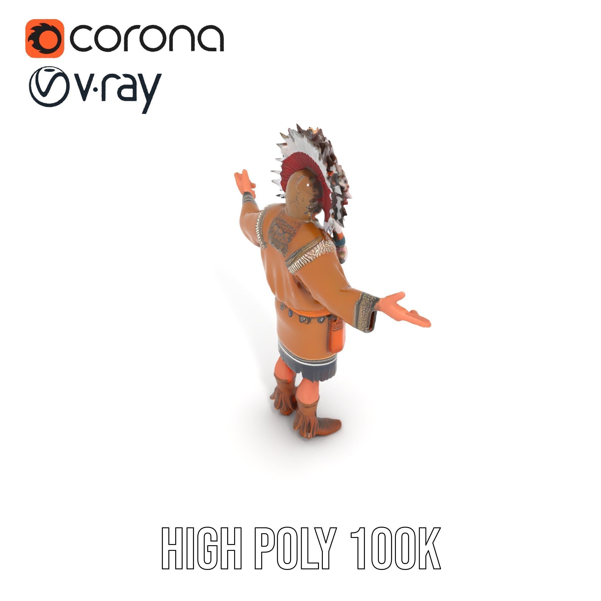 Native Warrior Character Rigged and Animated with Headdress Low-poly 3D model_11