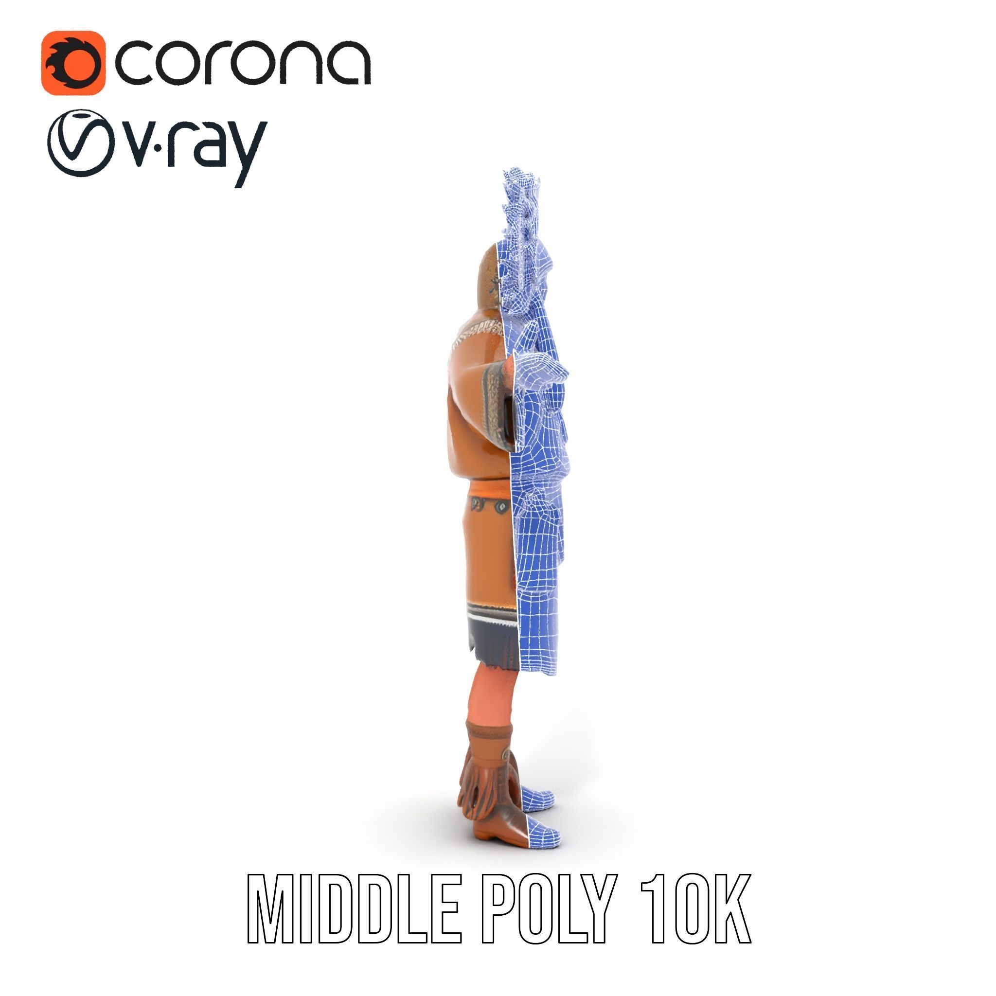 Native Warrior Character Rigged and Animated with Headdress Low-poly 3D model_20