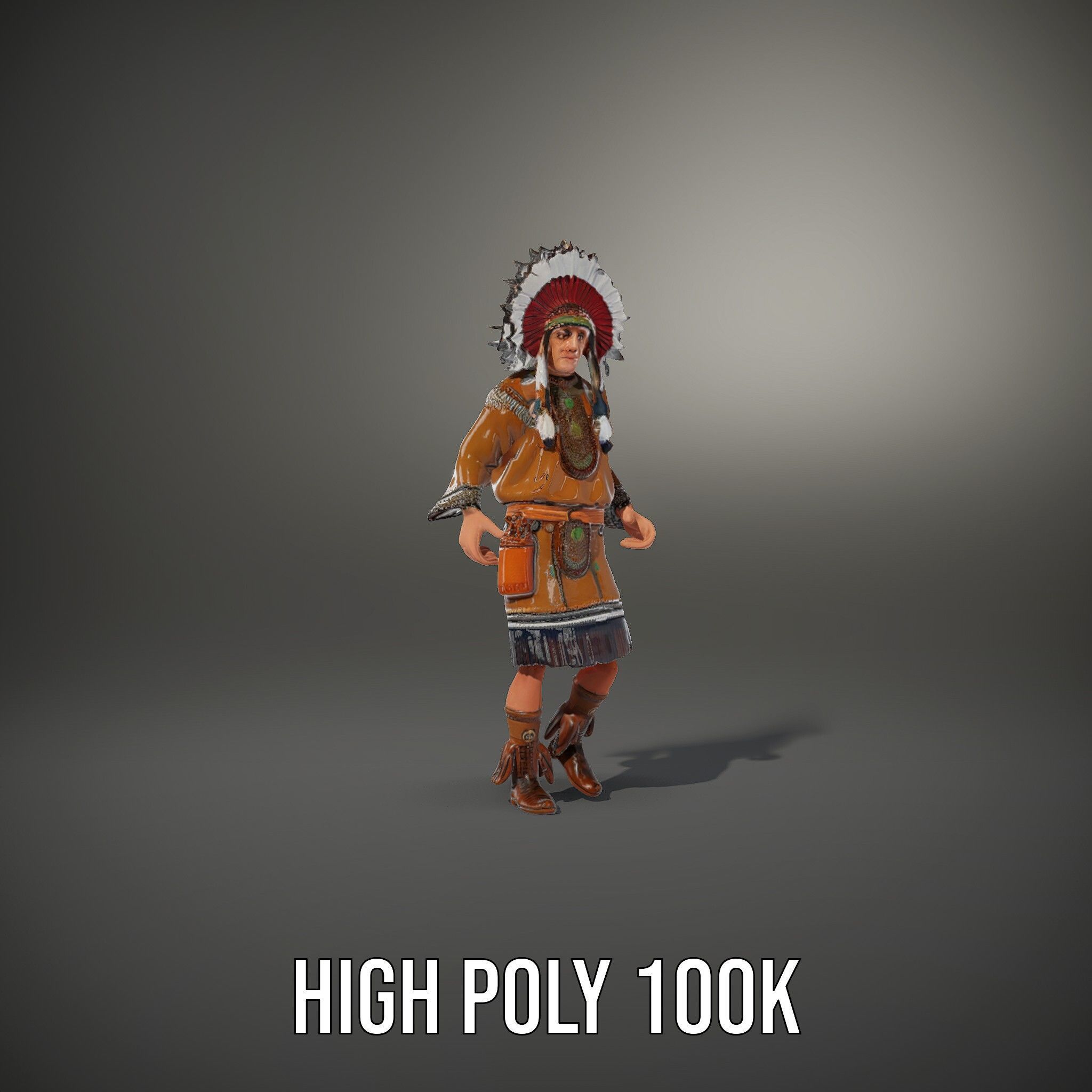 Native Warrior Character Rigged and Animated with Headdress Low-poly 3D model_31