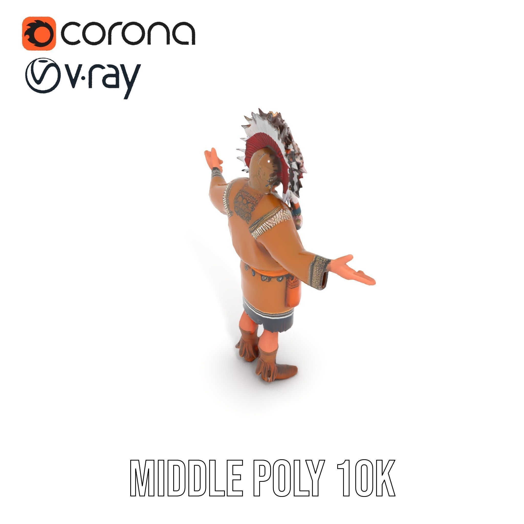 Native Warrior Character Rigged and Animated with Headdress Low-poly 3D model_12