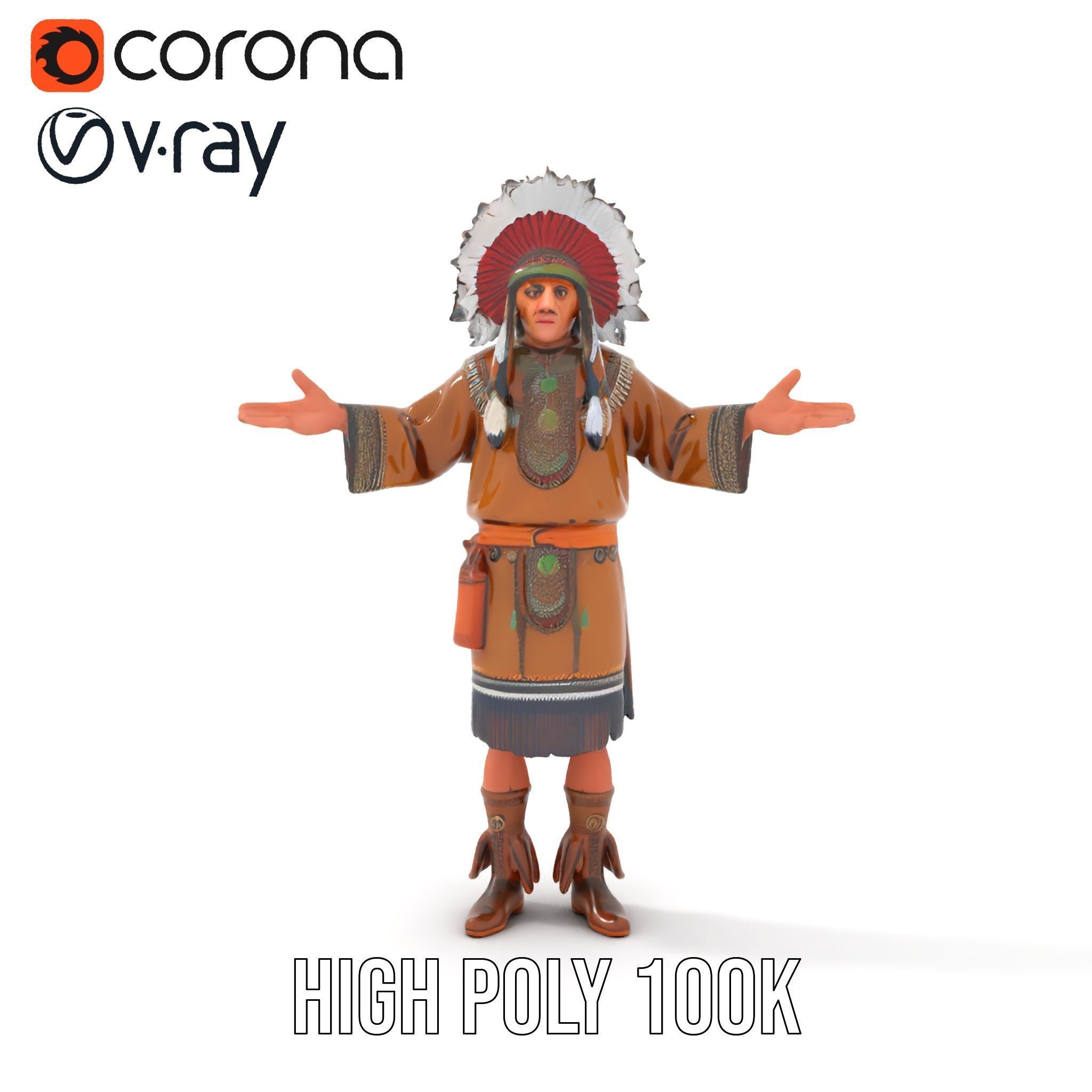 Native Warrior Character Rigged and Animated with Headdress Low-poly 3D model_25