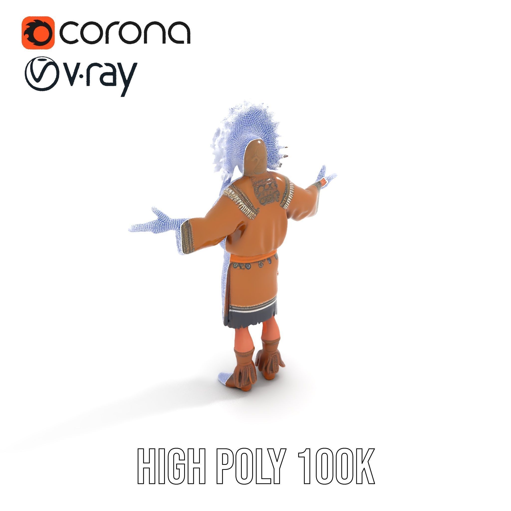 Native Warrior Character Rigged and Animated with Headdress Low-poly 3D model_16