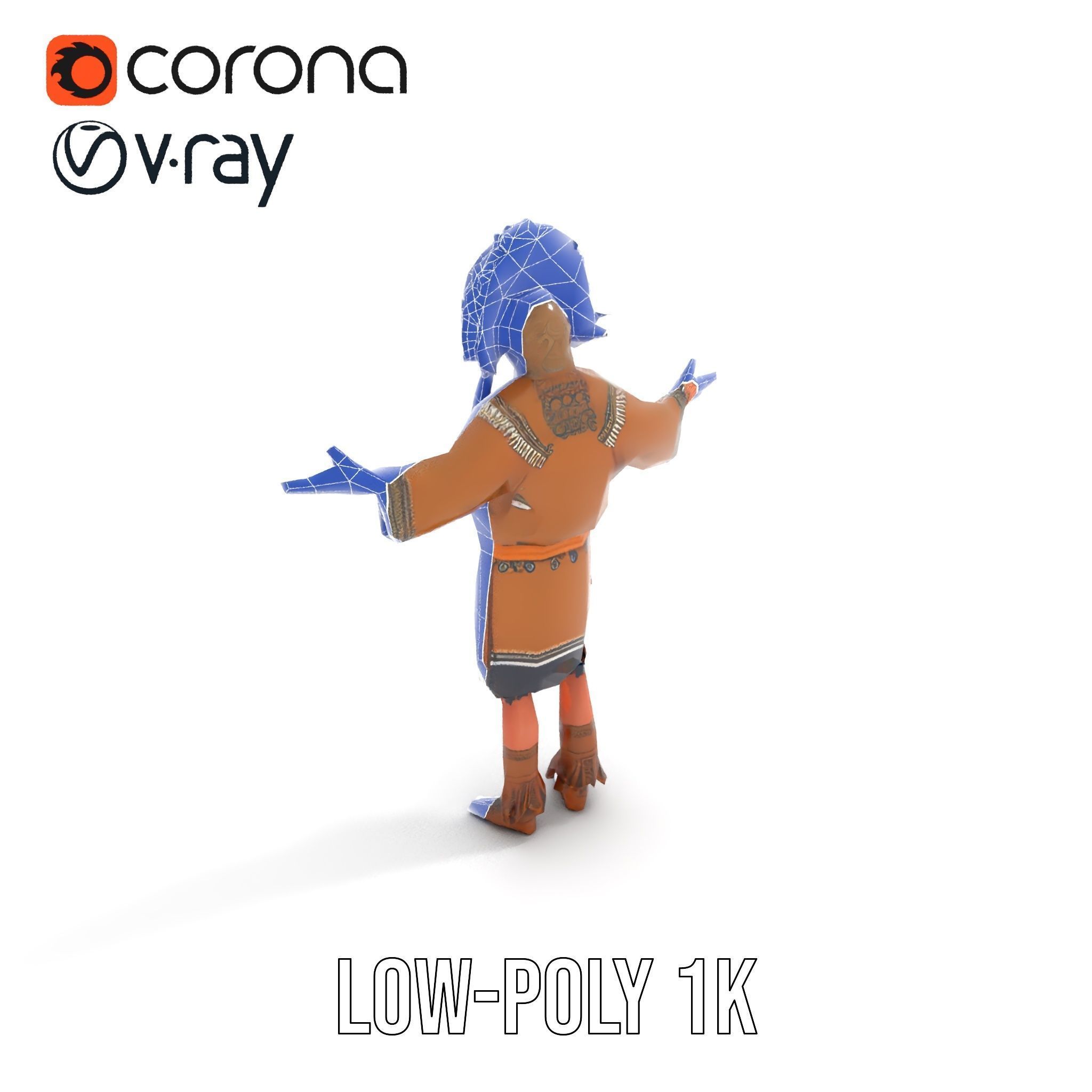 Native Warrior Character Rigged and Animated with Headdress Low-poly 3D model_10