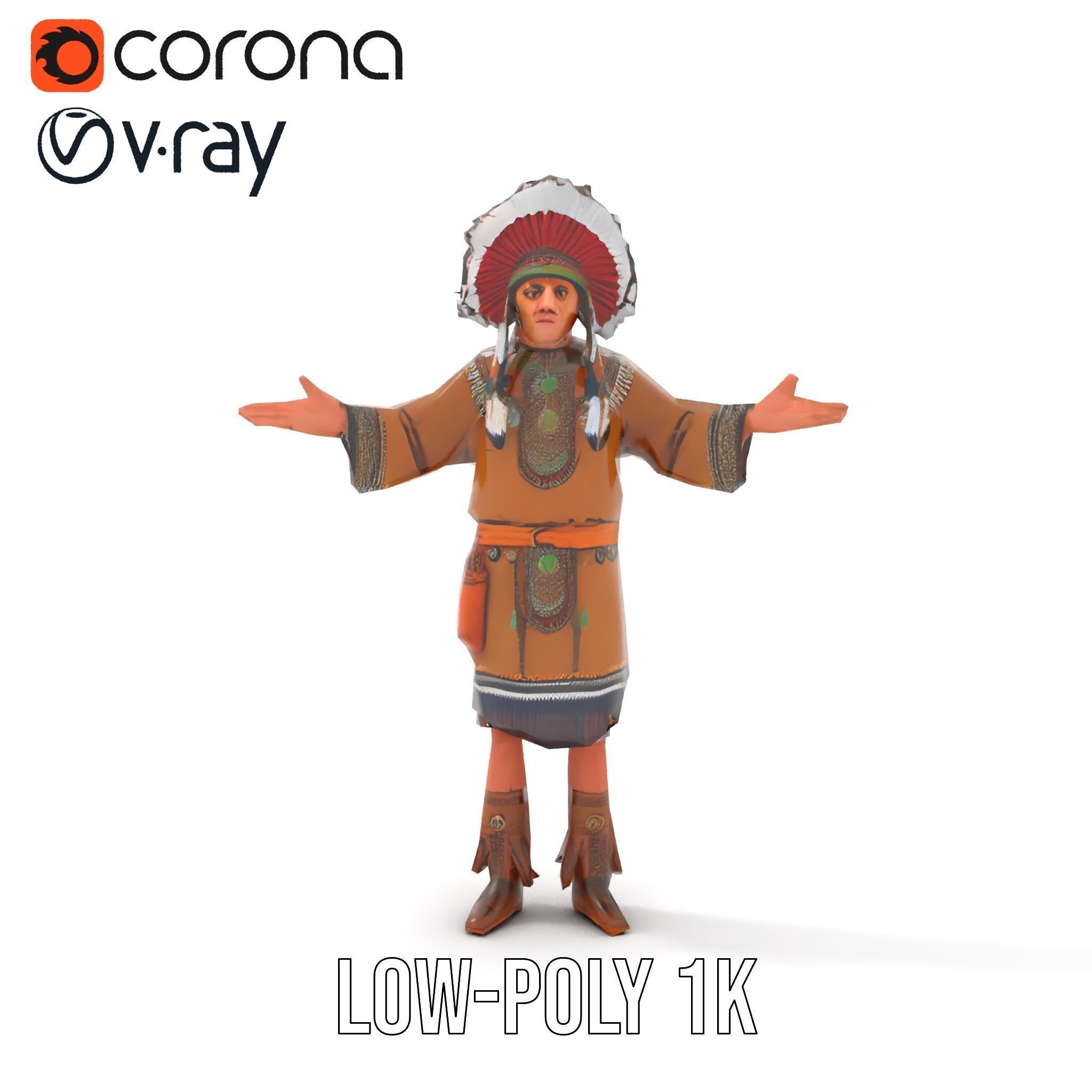 Native Warrior Character Rigged and Animated with Headdress Low-poly 3D model_7