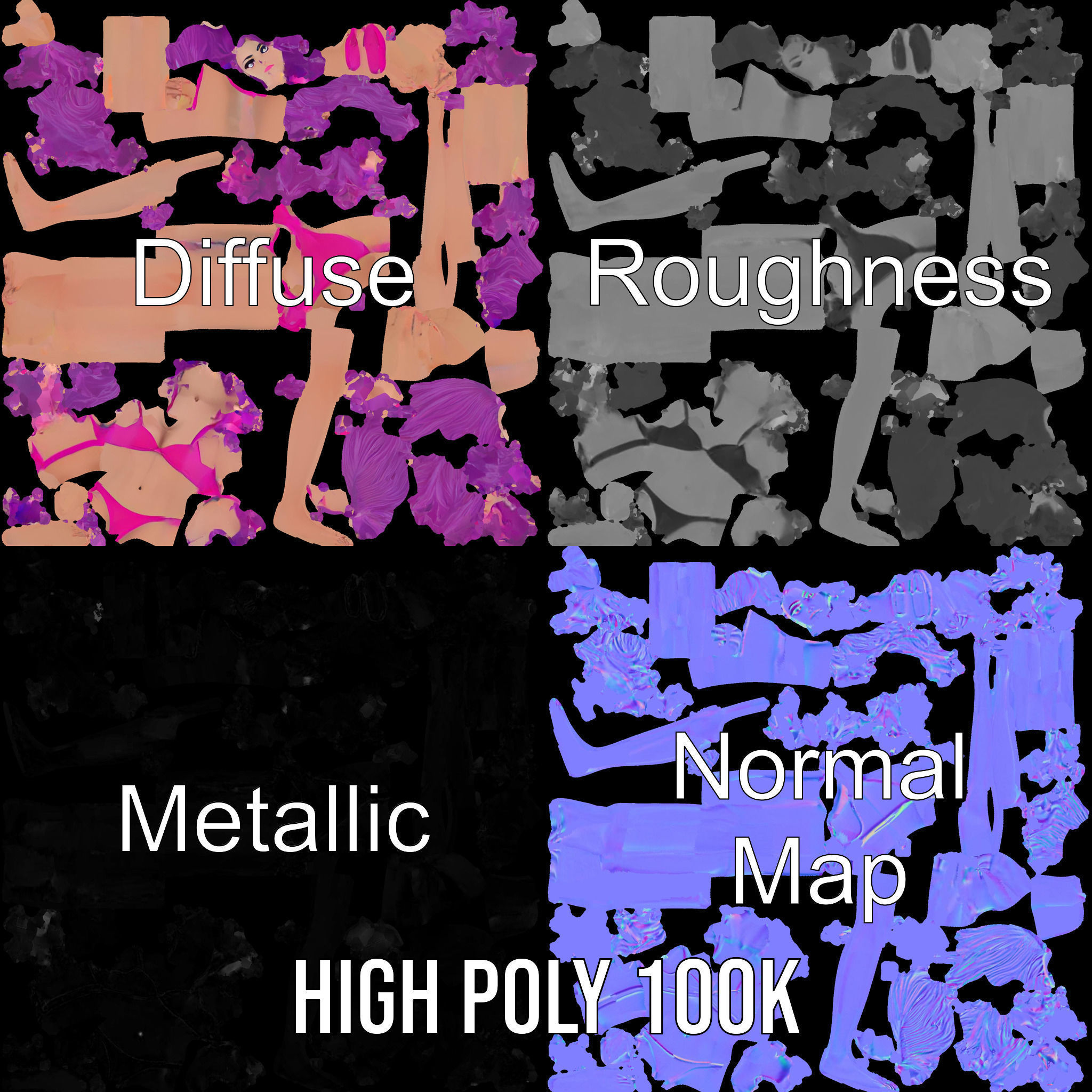 PurpleHaired Bikini Character Model  Rigged and Animated Low-poly 3D model_3