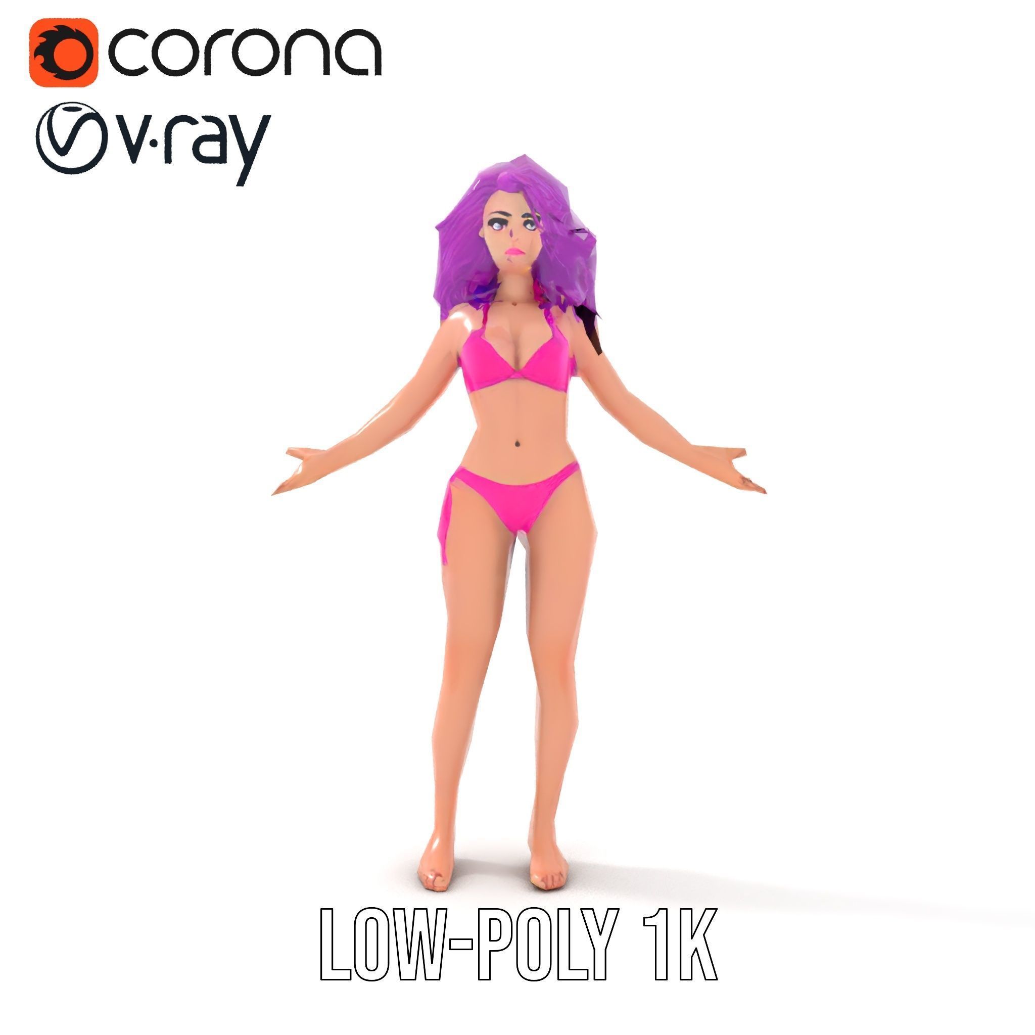 PurpleHaired Bikini Character Model  Rigged and Animated Low-poly 3D model_20