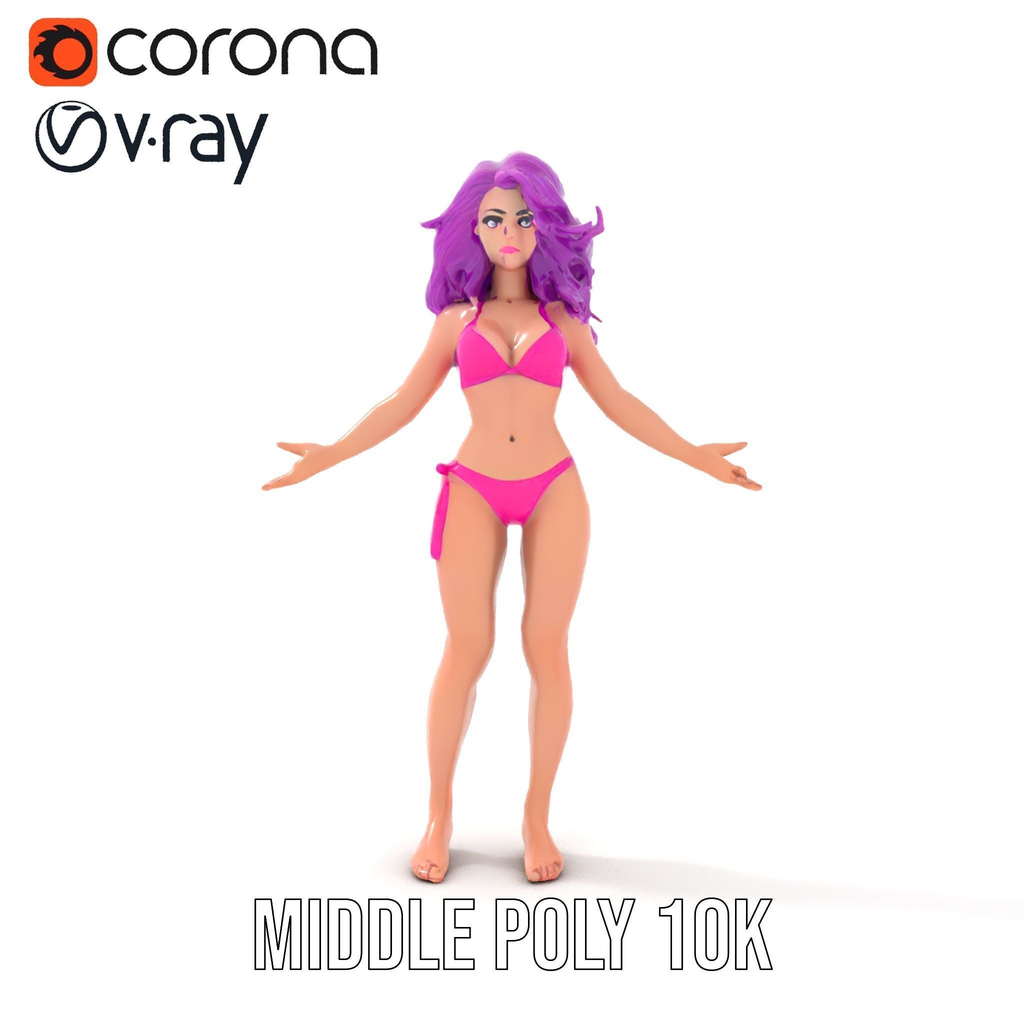 PurpleHaired Bikini Character Model  Rigged and Animated Low-poly 3D model_13