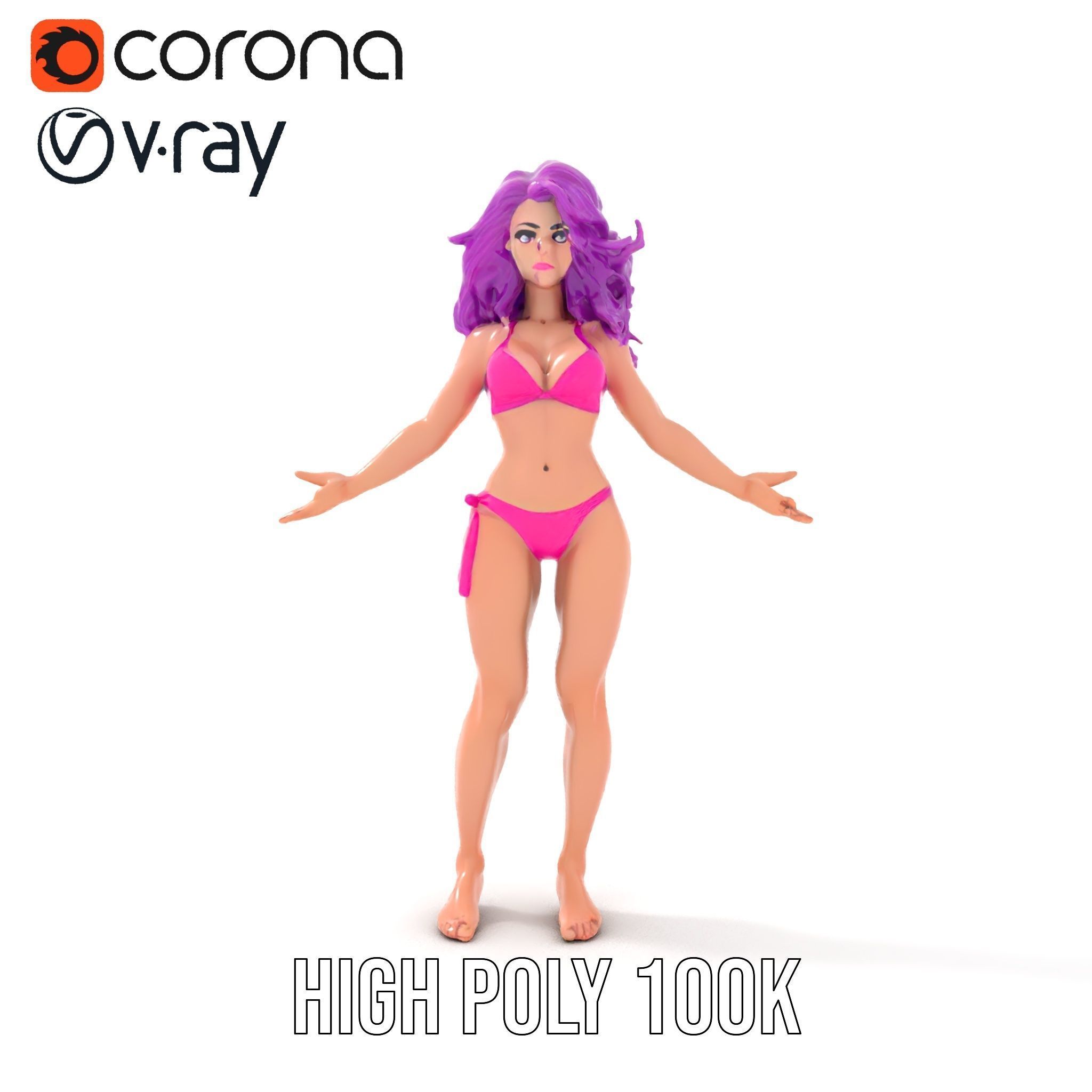 PurpleHaired Bikini Character Model  Rigged and Animated Low-poly 3D model_23