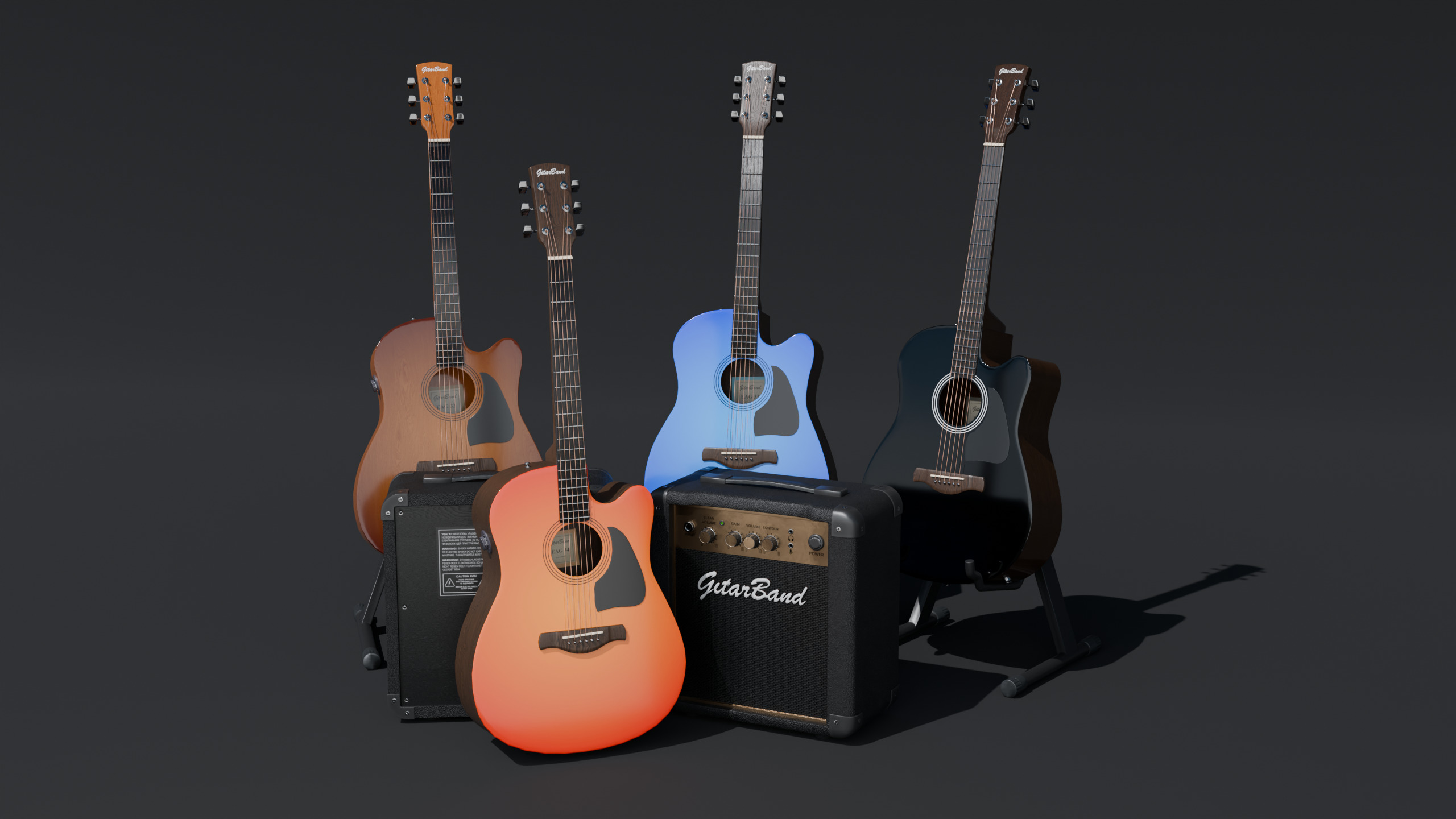 Electro-acoustic guitar and  Guitar Combo amplifier and Stand Low-poly 3D model_1