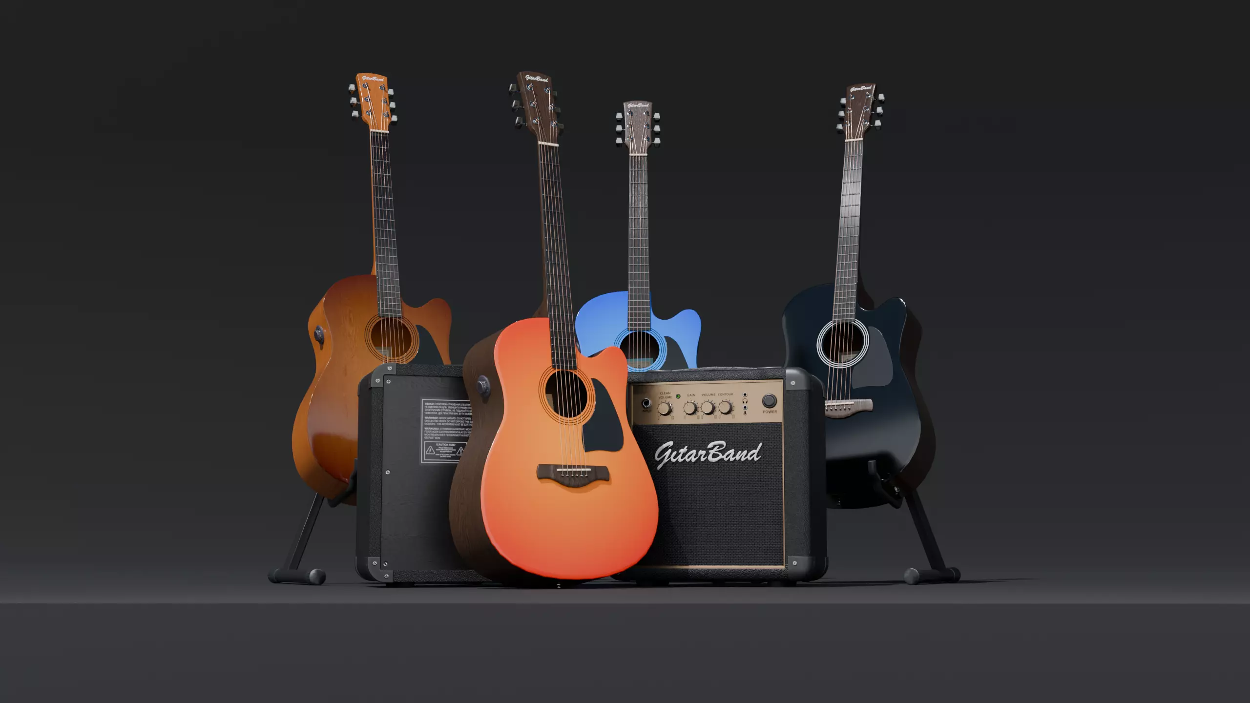 Electro-acoustic guitar and  Guitar Combo amplifier and Stand Low-poly 3D model_0