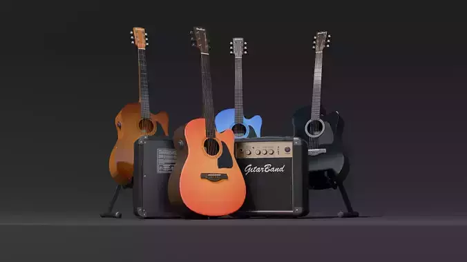 Electro-acoustic guitar and  Guitar Combo amplifier and Stand Low-poly 3D model