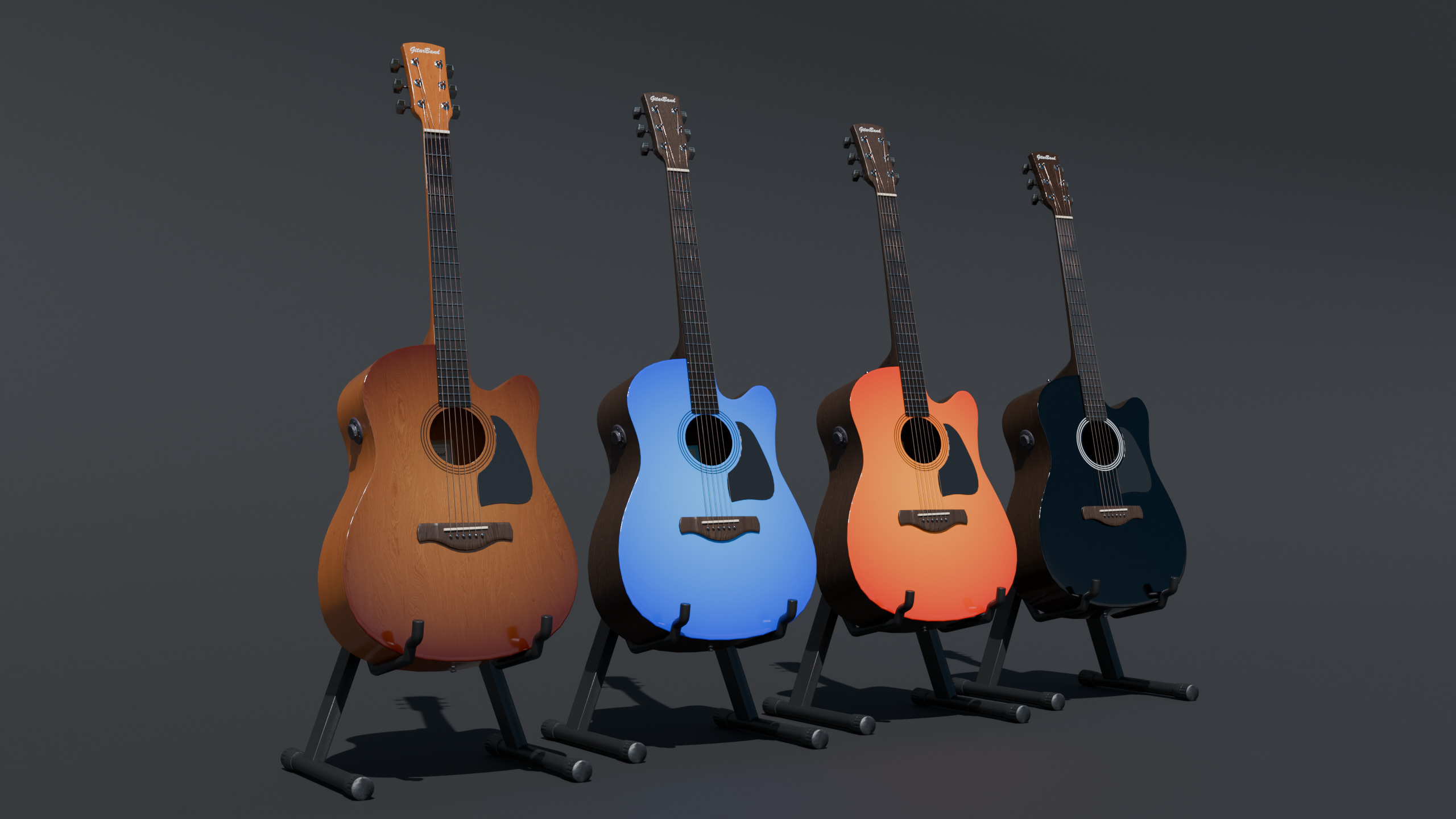 Electro-acoustic guitar and  Guitar Combo amplifier and Stand Low-poly 3D model_21