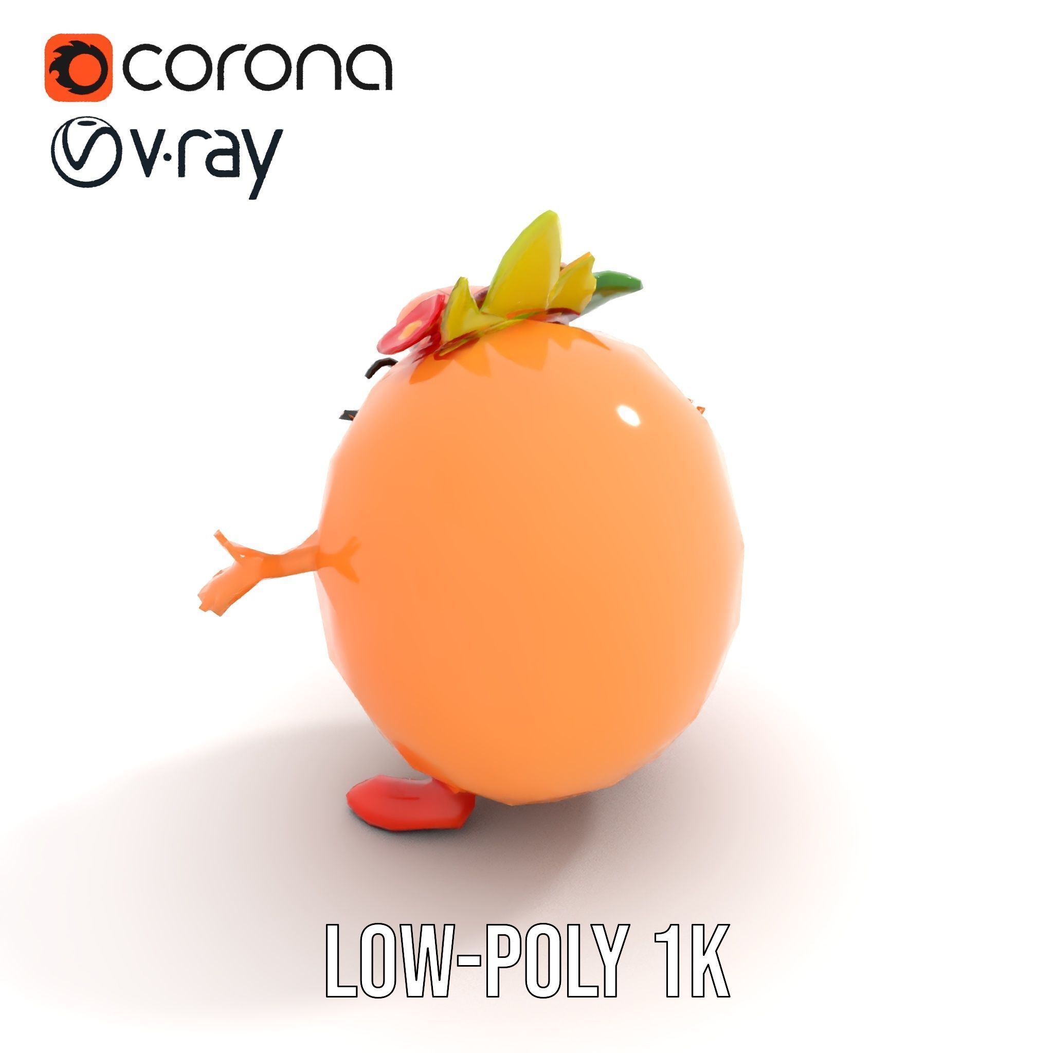 Smiley Orange Character Rigged and Animated with Flower Crown Low-poly 3D model_13