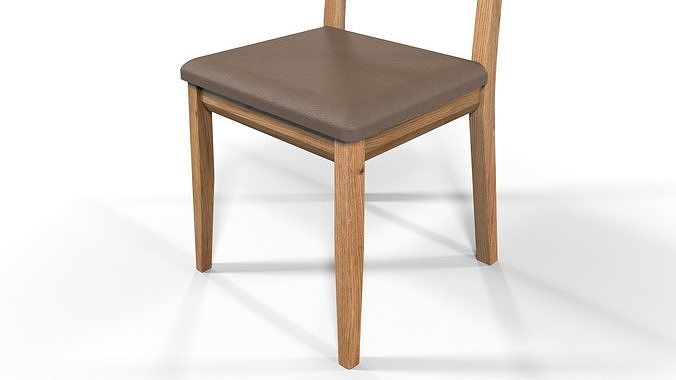 Country Dining Chair Solid Natural Oak and Brown Leather 3D model 6