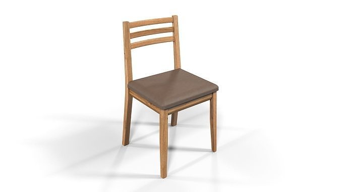 Country Dining Chair Solid Natural Oak and Brown Leather 3D model 2