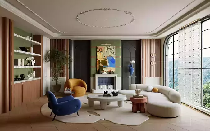 Colorful Pop Art Living Room with Curved Sofa 461 3D model