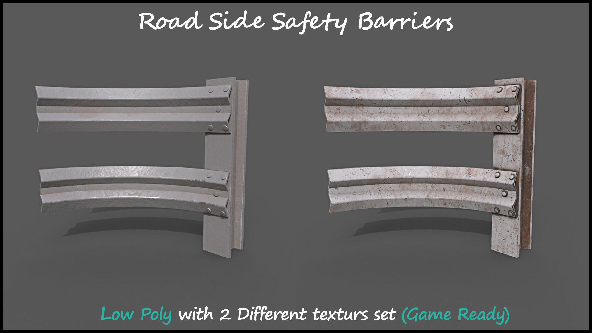 Low Poly Road Side Safety Barriers With 2 Texture Set Game Ready Low-poly 3D model_2