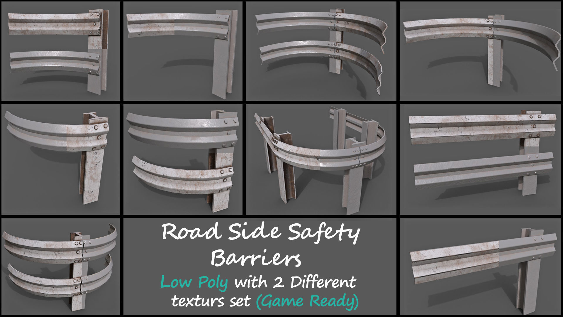 Low Poly Road Side Safety Barriers With 2 Texture Set Game Ready Low-poly 3D model_1